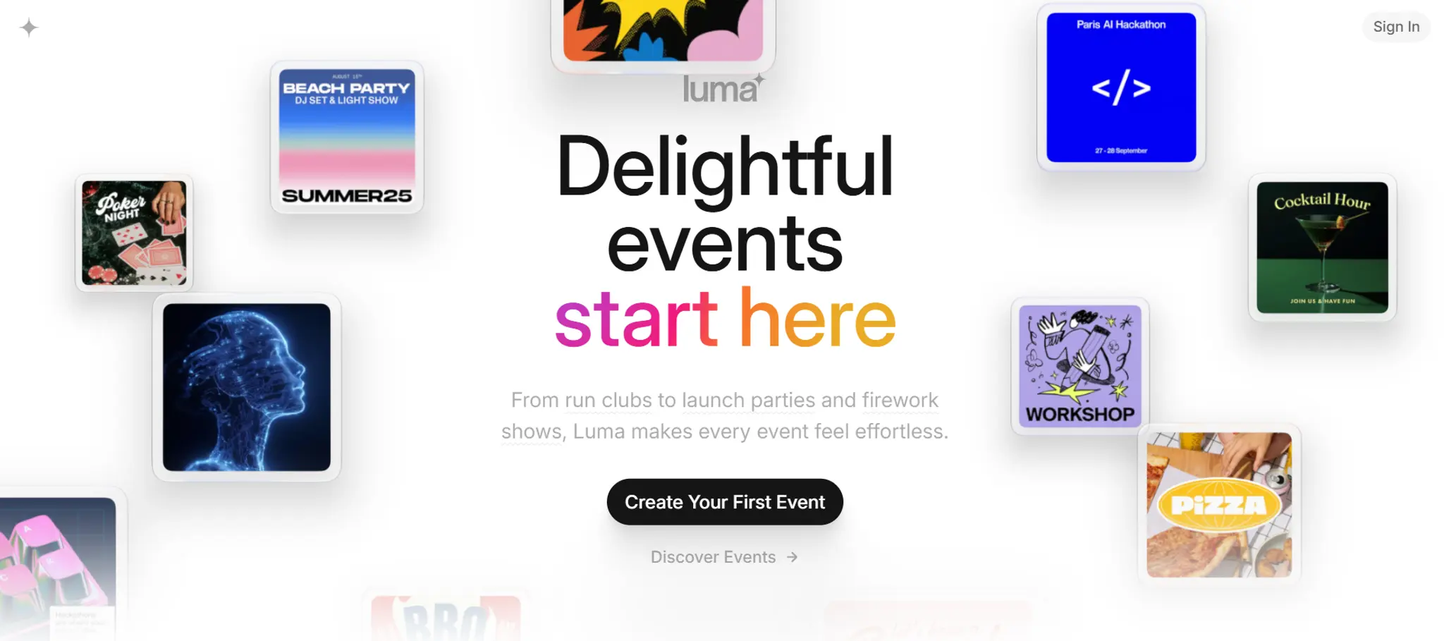 Luma's homepage, showing a sample event page with RSVP and ticketing.