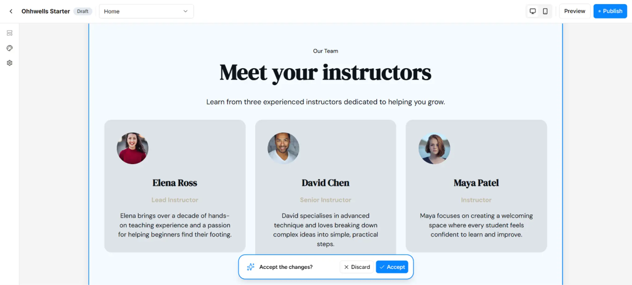 Team section titled "Meet your instructors", with three profile cards showing a photo, name, role and short bio for three instructors