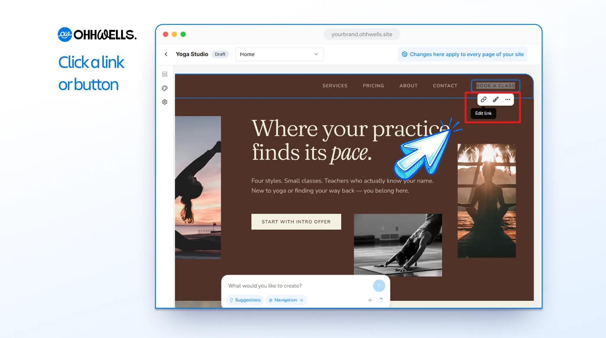 Updated menu showing Services, Pricing, About, Contact and a "Book a class" button, with the button selected and a small toolbar below it highlighted, its link icon labelled "Edit link"