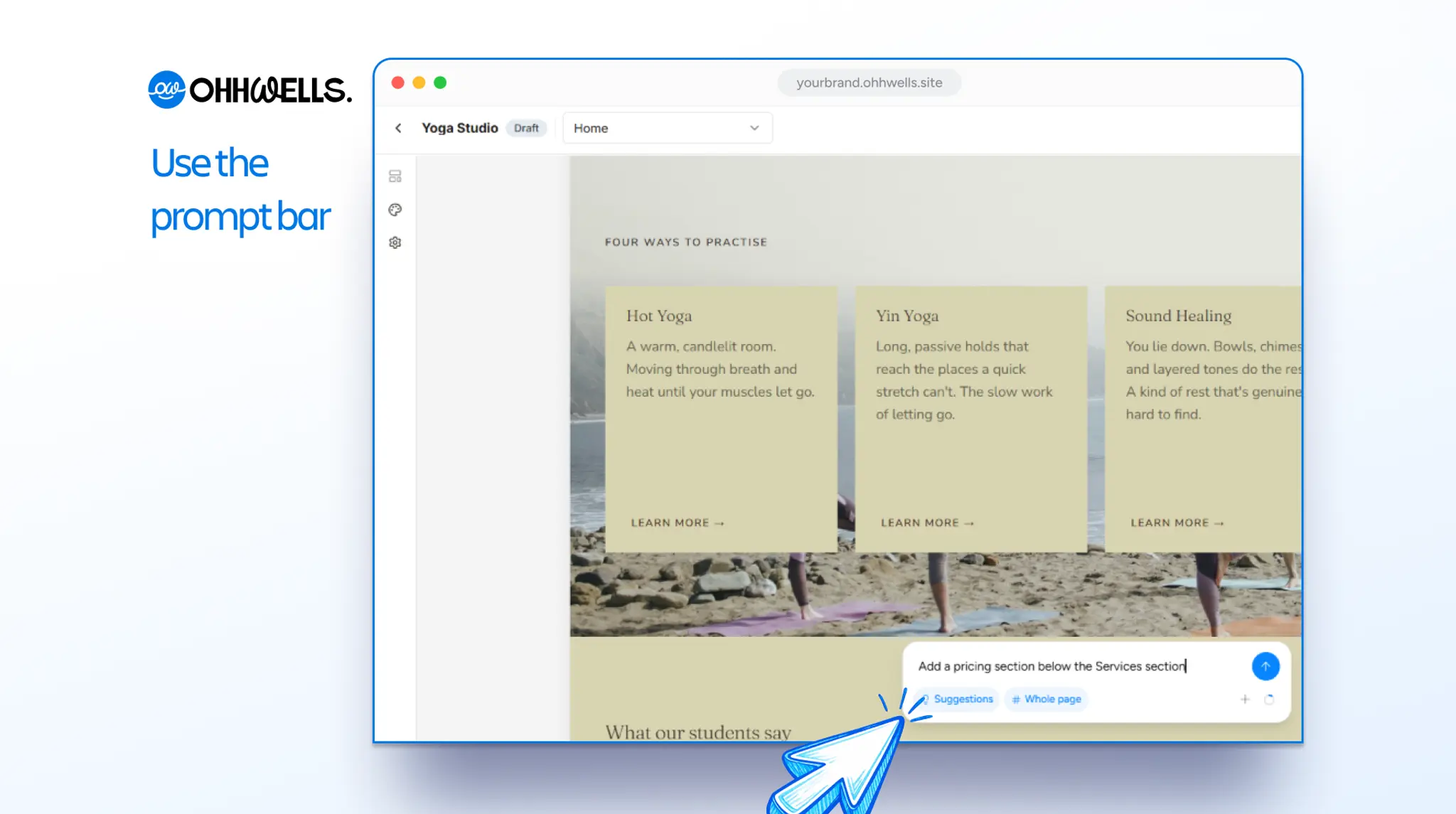 OhhWells editor showing a yoga studio's services section, with the prompt bar at the bottom containing the text "Add a pricing section below the Services section"
