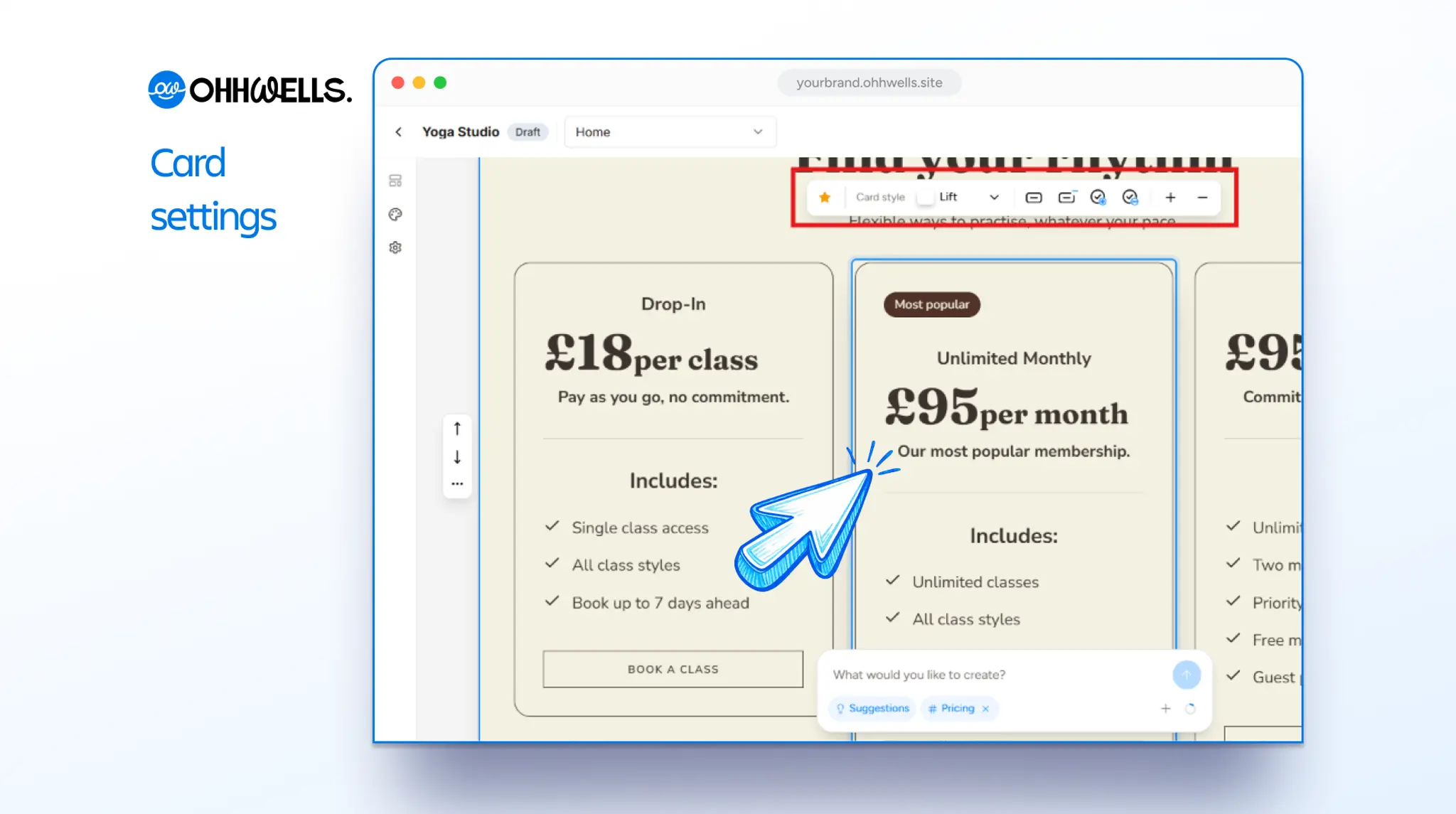 Pricing section in the OhhWells editor with the middle "Unlimited Monthly" card selected and the card toolbar highlighted above it, showing a card style dropdown set to "Lift" and buttons for editing the card