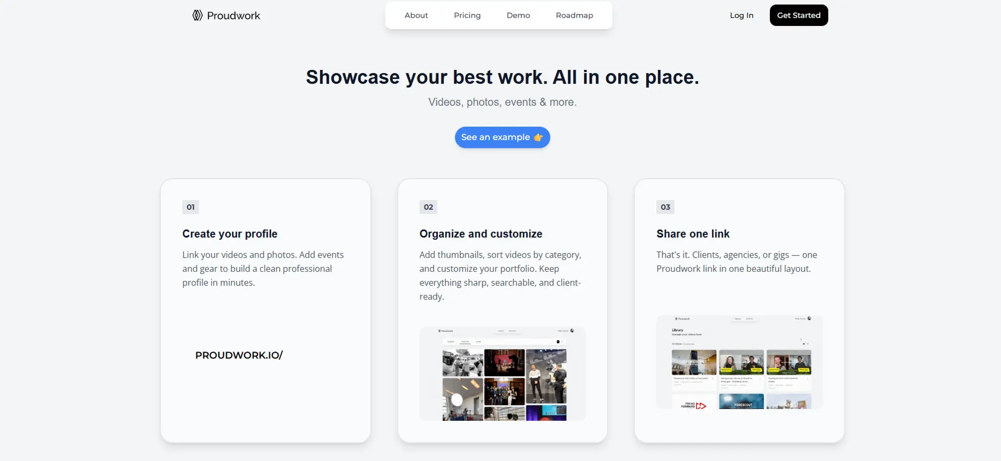Proudwork homepage screenshot showing a three-step onboarding flow for creating a shareable video portfolio link.