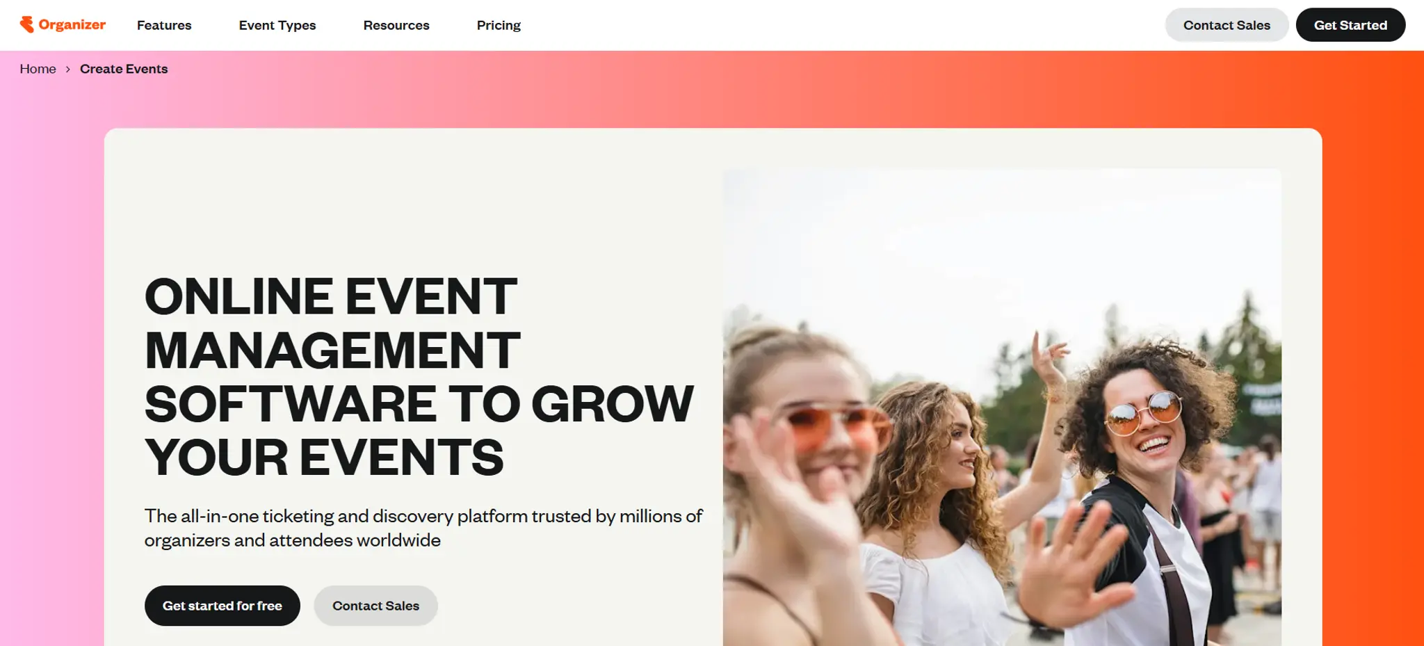 Eventbrite's homepage, showing the option to create and publish an event listing.