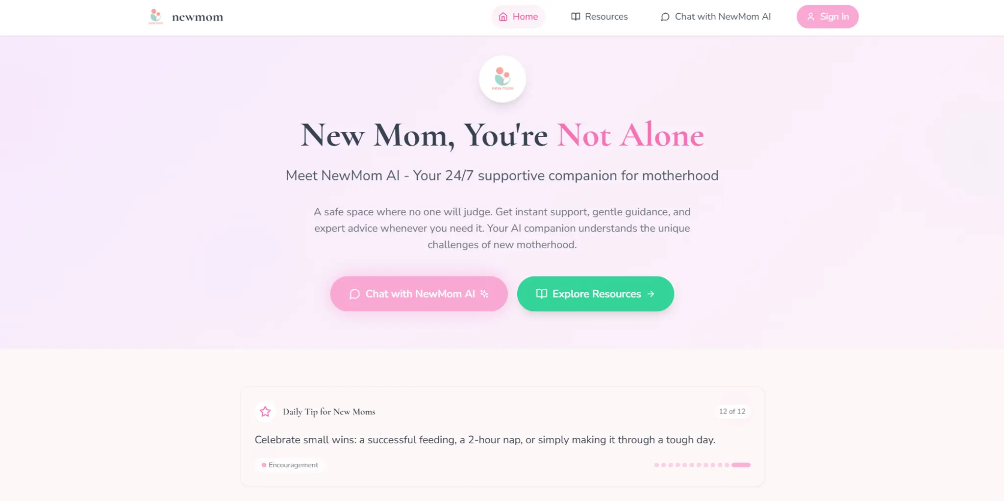 NewMom AI homepage screenshot showing a pink-to-purple gradient hero with the headline "New Mom, You're Not Alone" and a chatbot interface preview.
