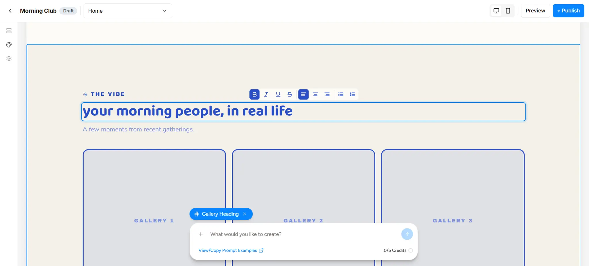 A section being clicked in the Canvas editor, showing the blue selection border and the section name appearing above the prompt bar
