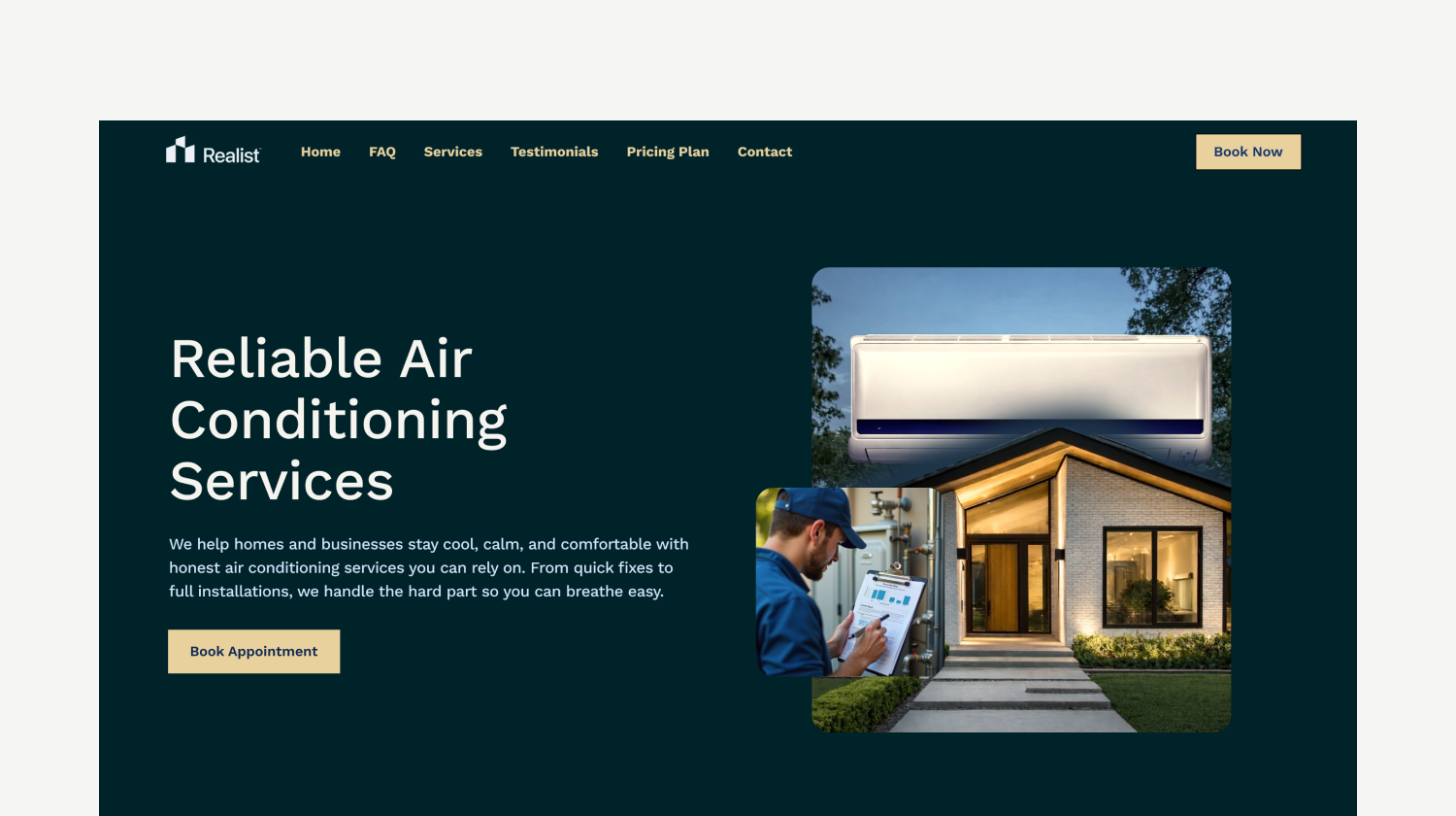 Hvac website template with a dark green background, bold headline reading 'Reliable Air Conditioning Services,' and a Book Appointment CTA button.