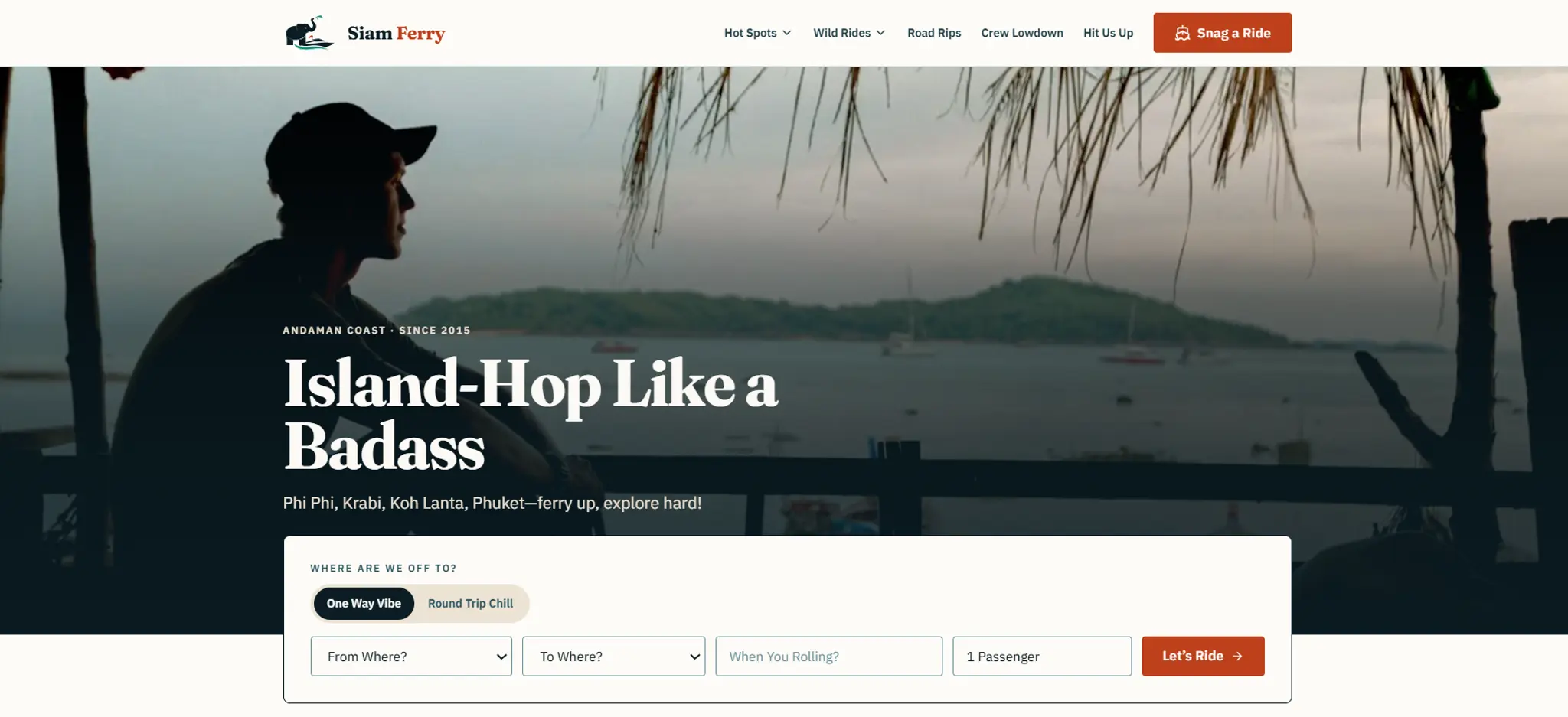 Siam Ferry homepage screenshot showing a dark hero section with the headline "Island-Hop Like a Badass" and a ferry route booking form.