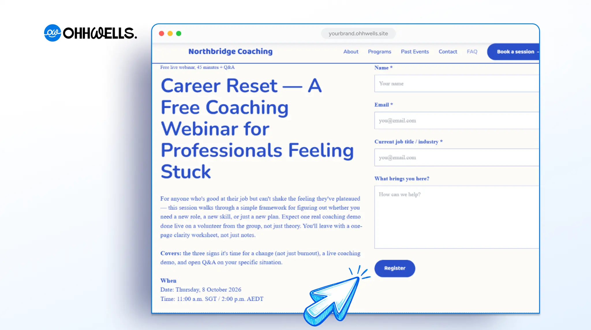 OhhWells website builder, showing the editor used to build an event registration page.