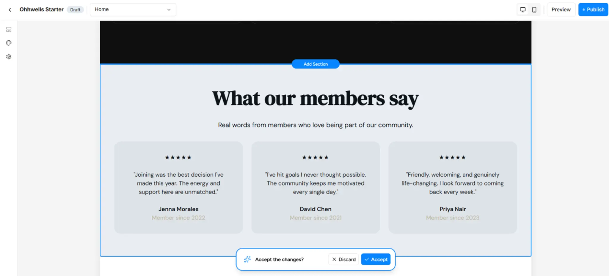 Testimonials section titled "What our members say", with three five-star quote cards from members