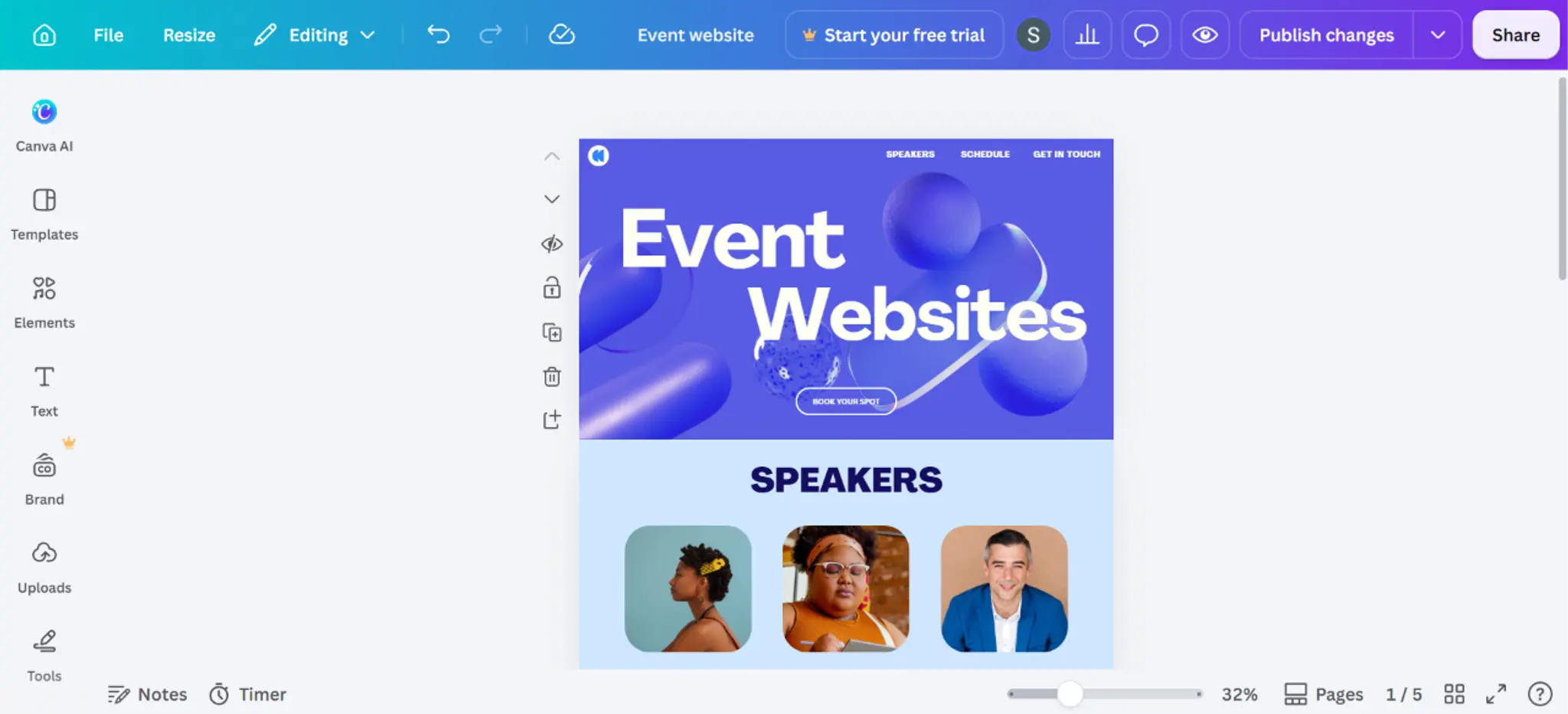 Canva Websites editor showing a multipage event website template.