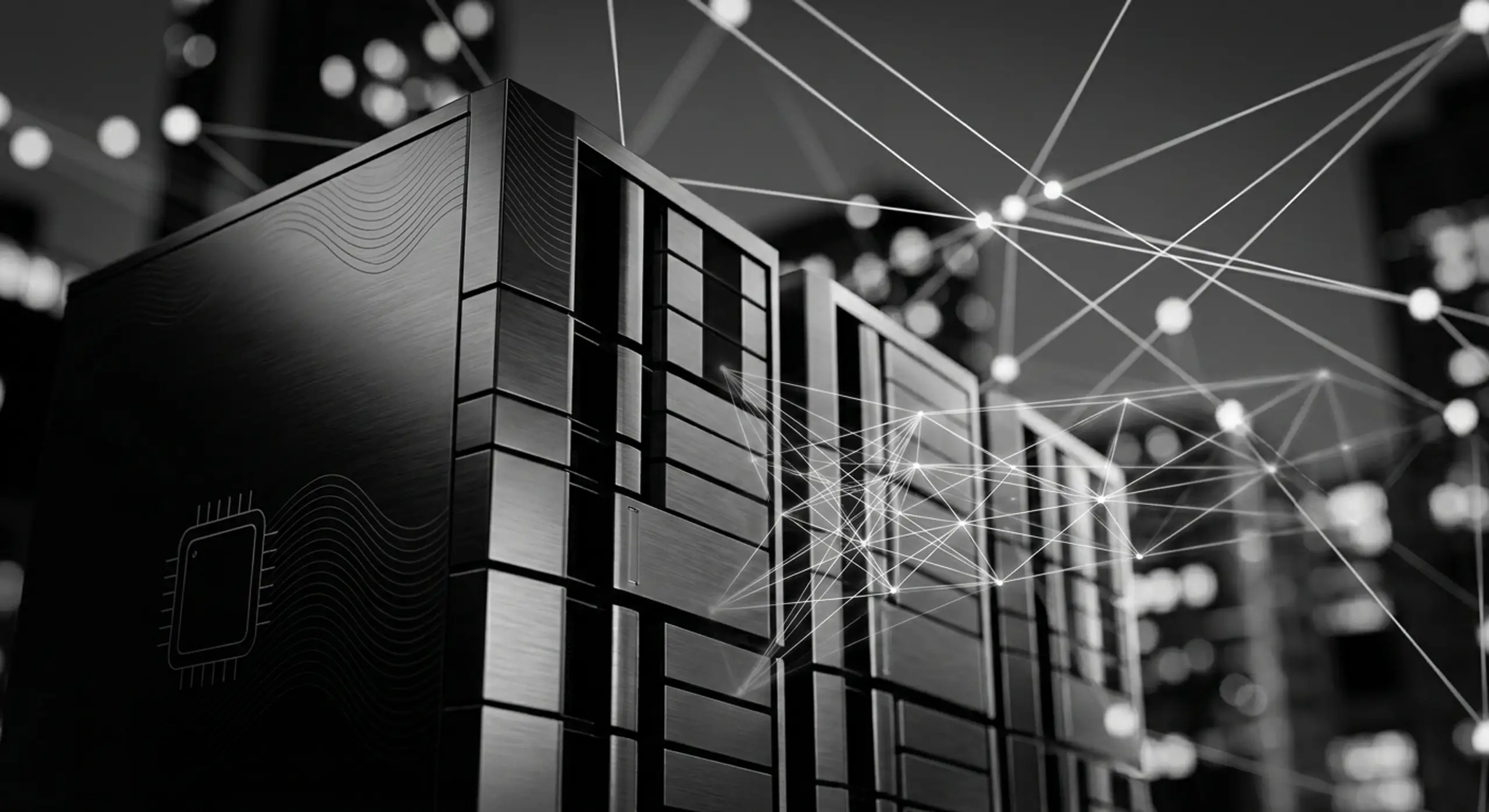 Monochrome server hardware with a CPU icon, overlaid with a digital network, against blurred city lights.