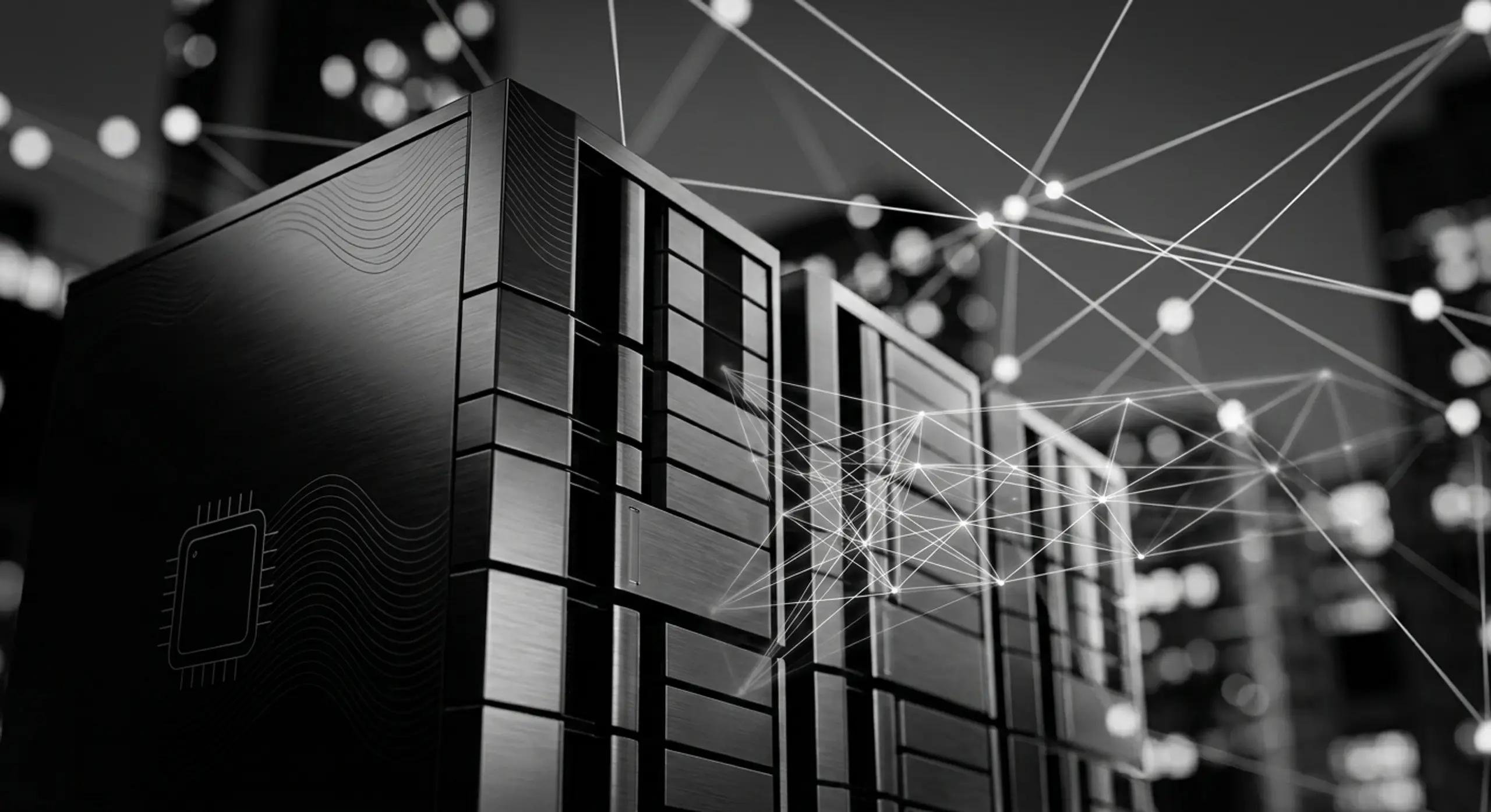 Monochrome server hardware with a CPU icon, overlaid with a digital network, against blurred city lights.