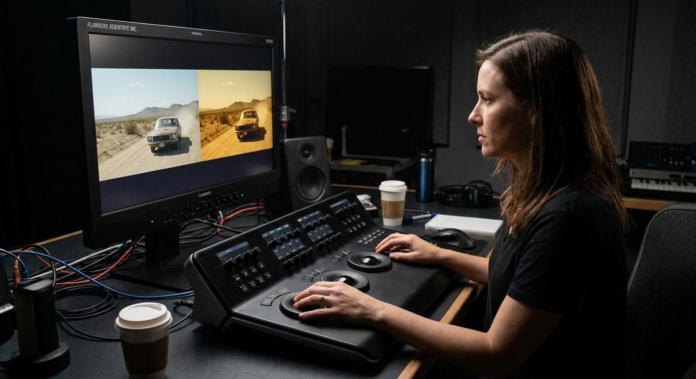 A woman uses a color grading control panel to edit video on a monitor displaying a split screen of a desert truck scene before and after color correction.