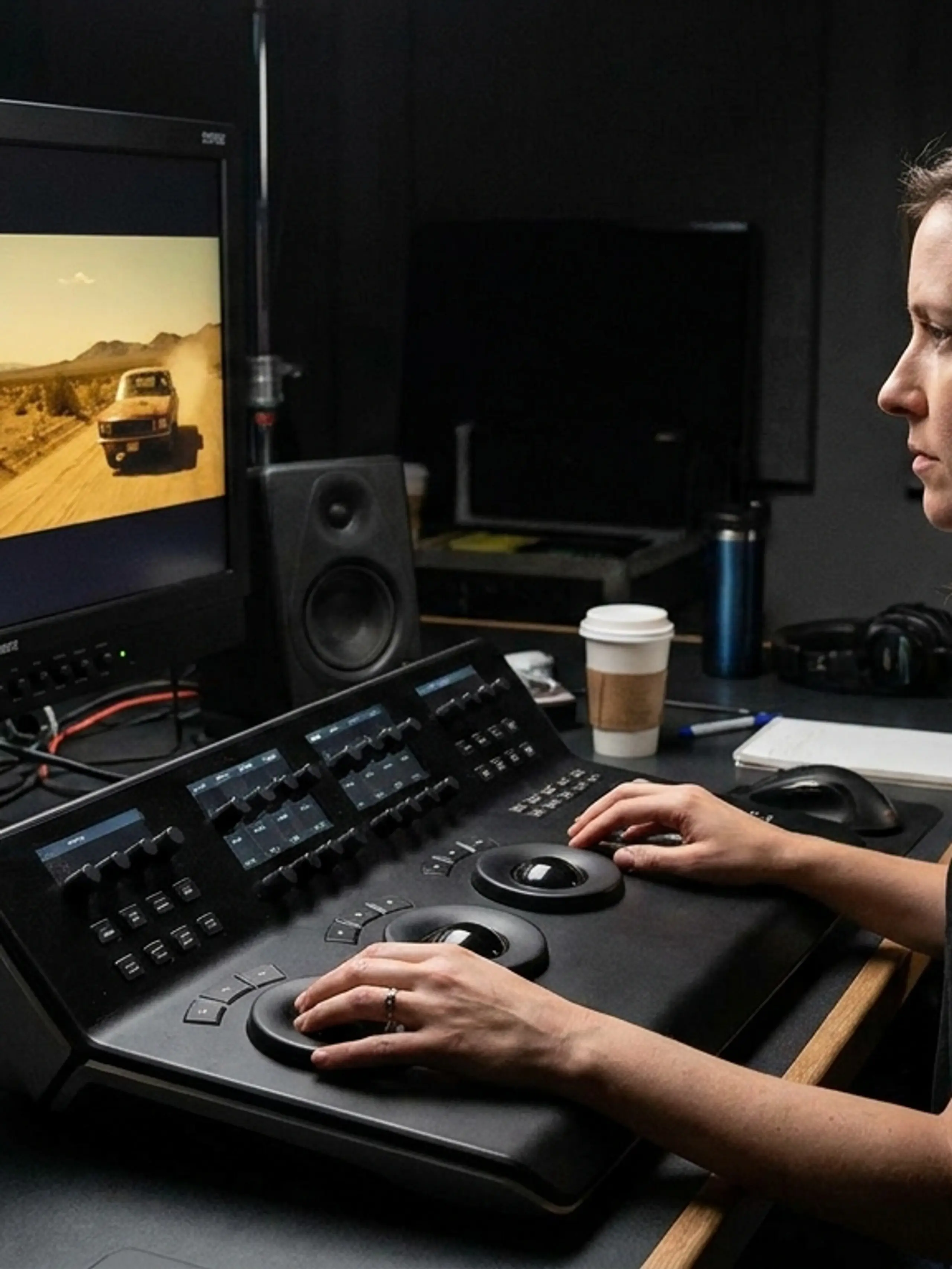 A woman uses a color grading control panel to edit video on a monitor displaying a split screen of a desert truck scene before and after color correction.