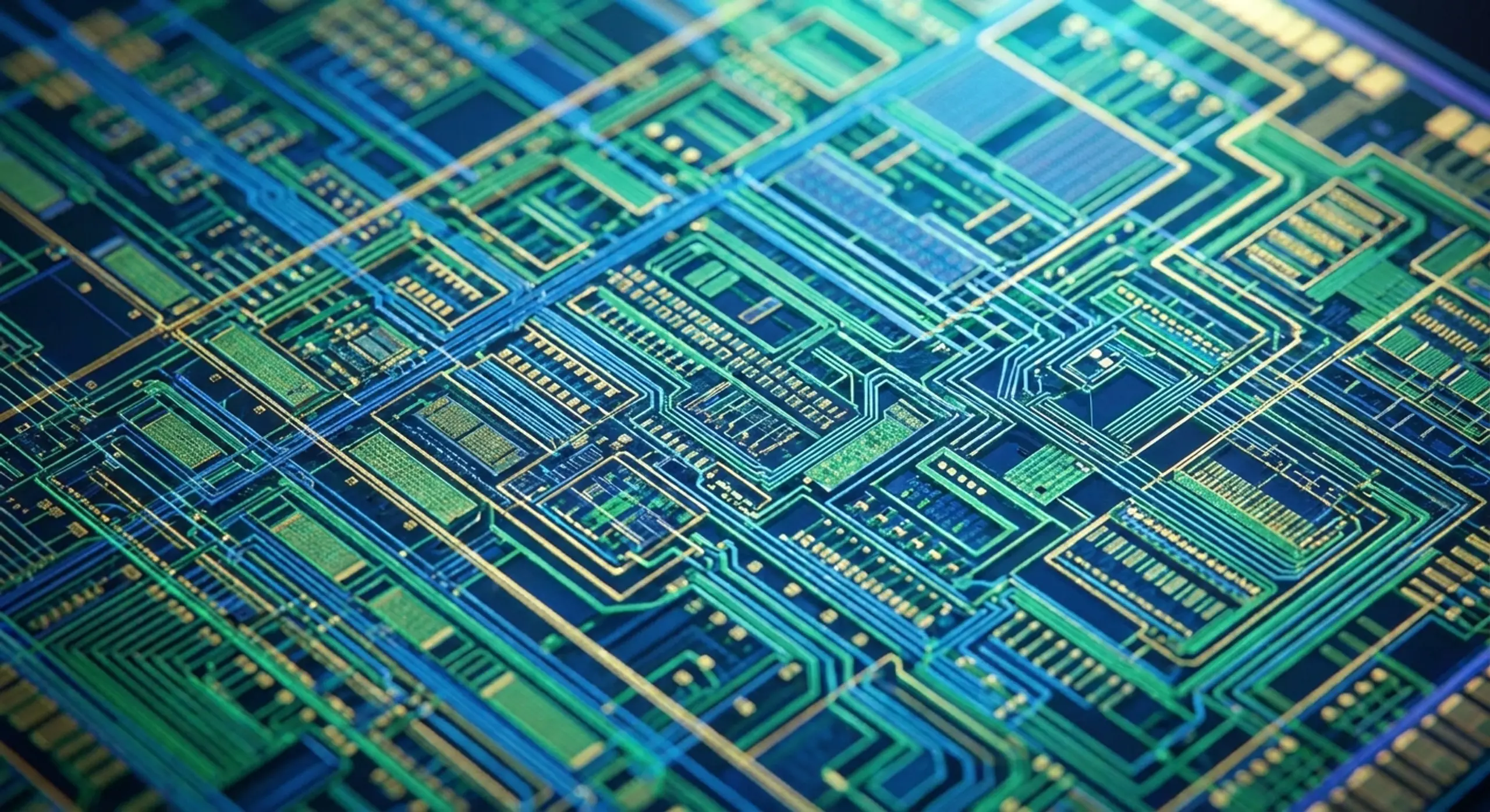 Abstract glowing blue and green circuit board.