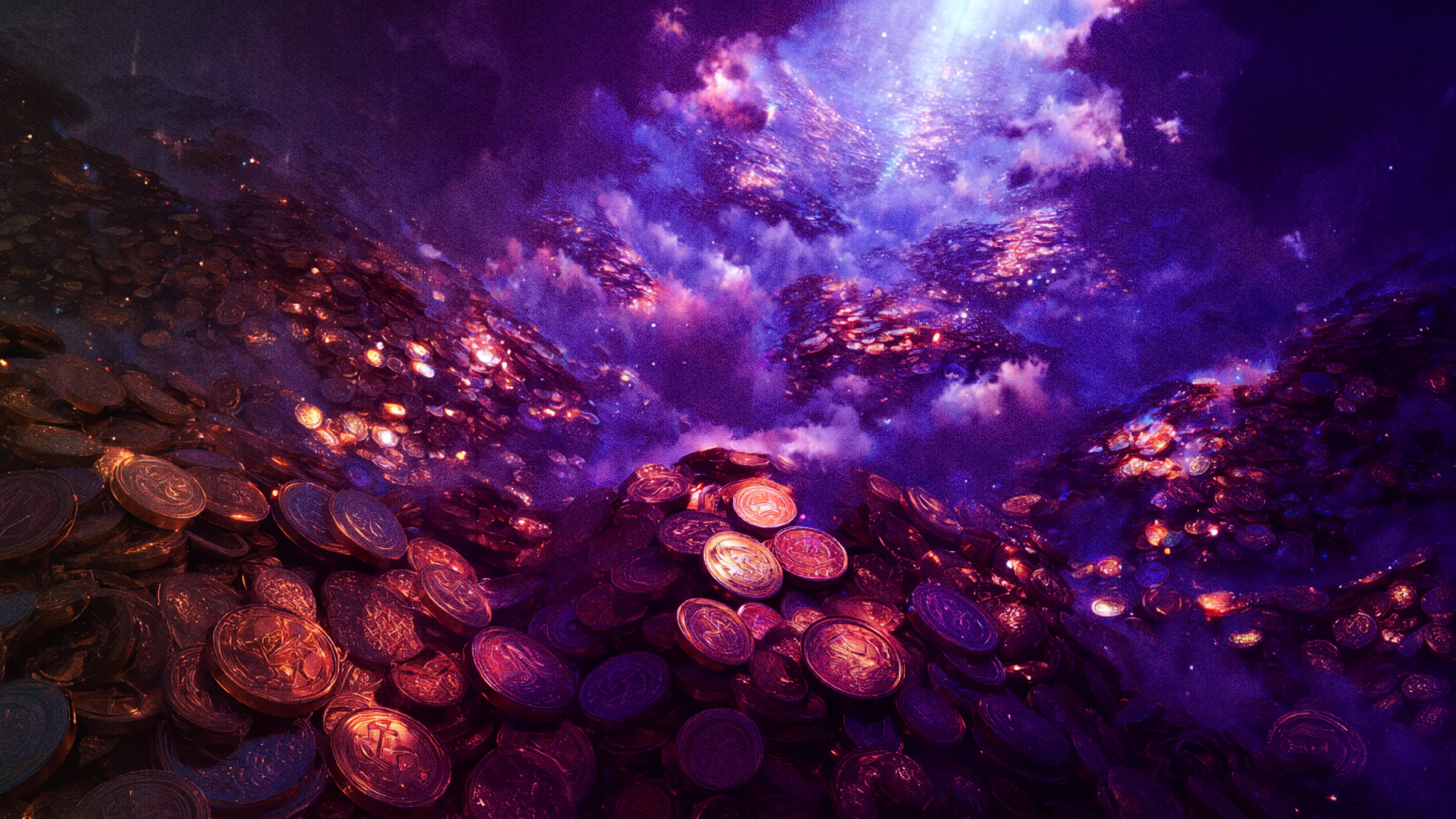Mountains of gold coins under a vibrant purple and blue nebula.