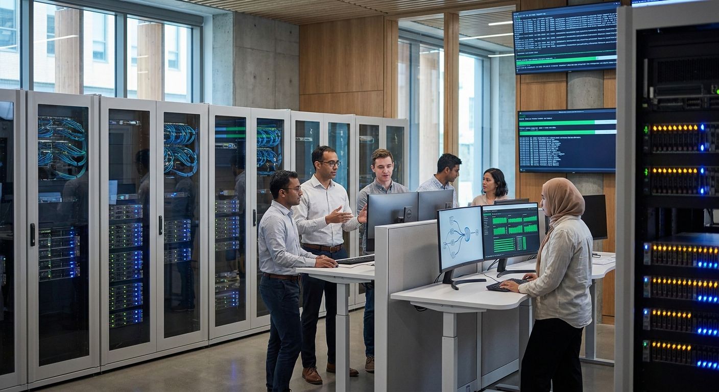 Diverse IT professionals collaborating in a data center with server racks and computer monitors.
