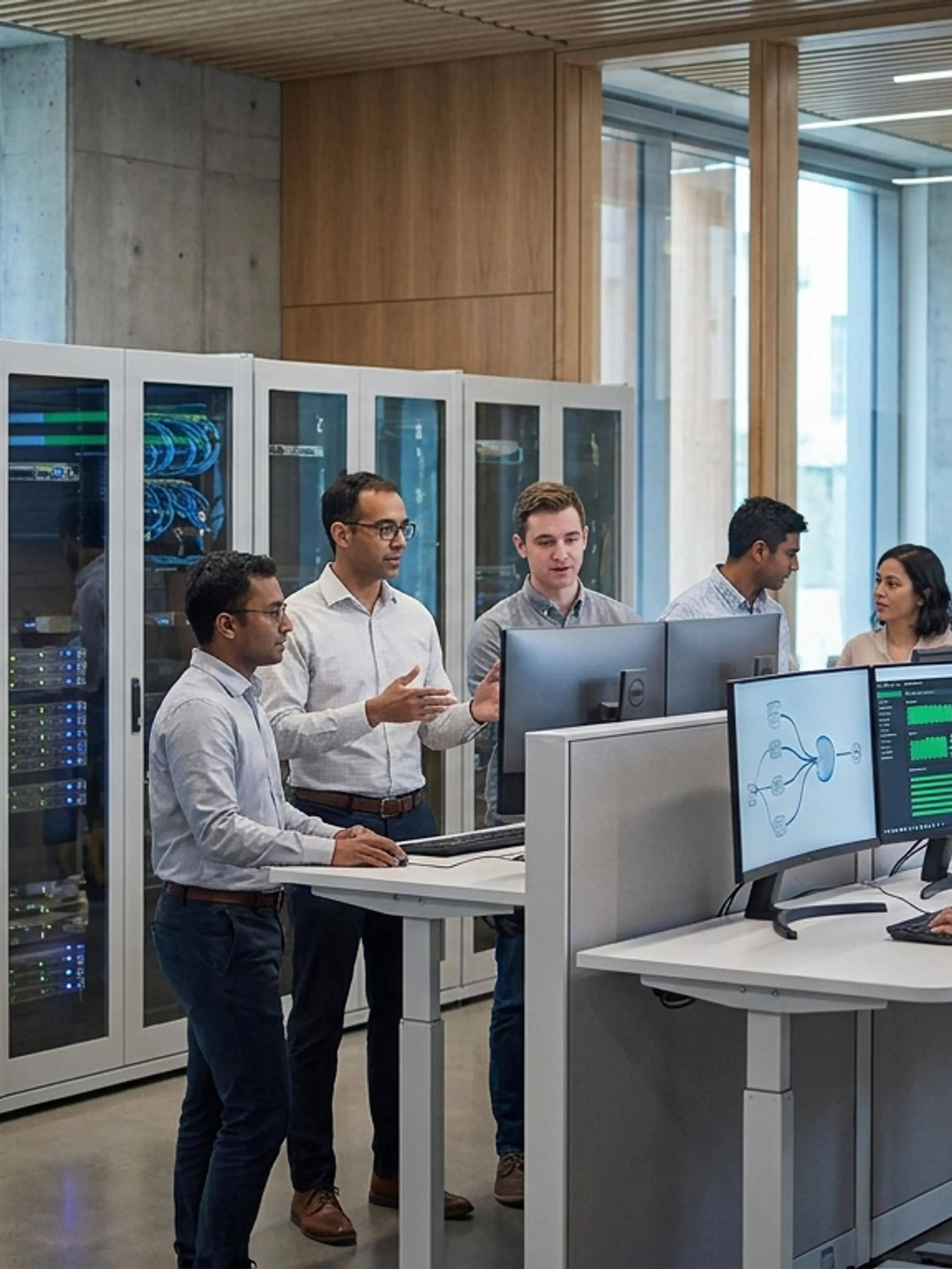 Diverse IT professionals collaborating in a data center with server racks and computer monitors.