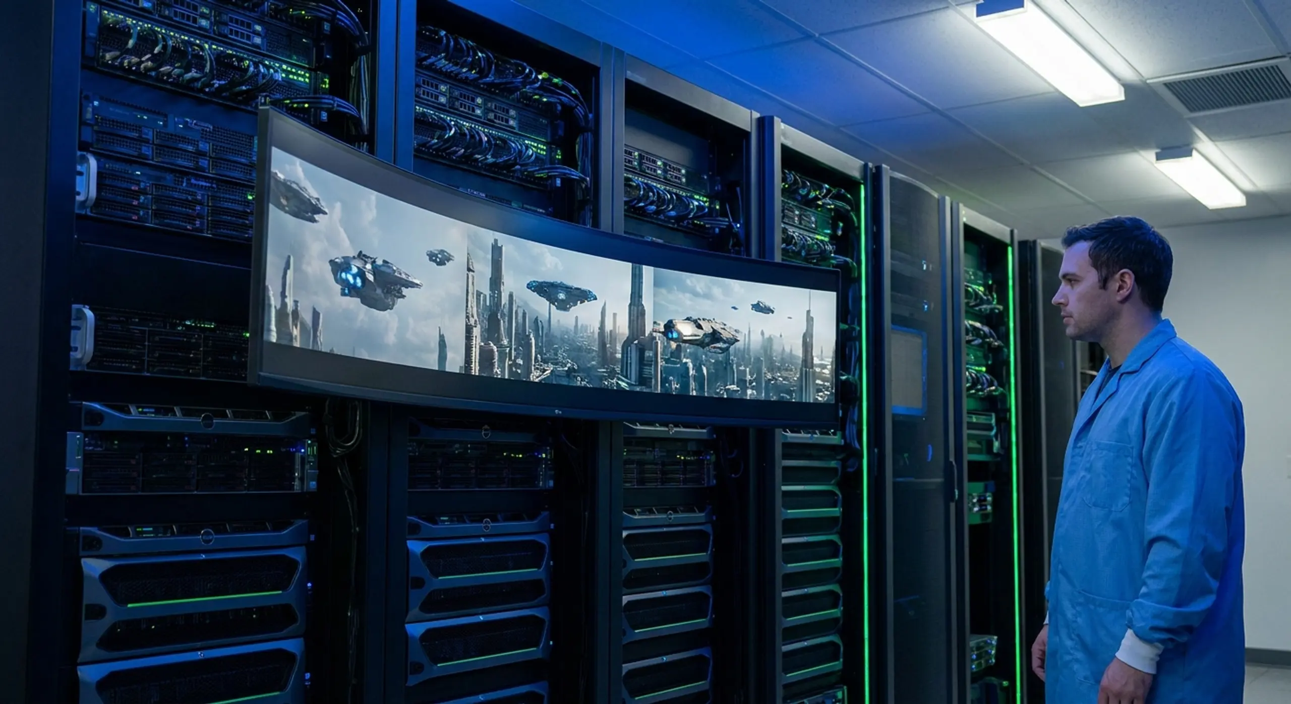 Technician in server room views curved monitor showing futuristic city.