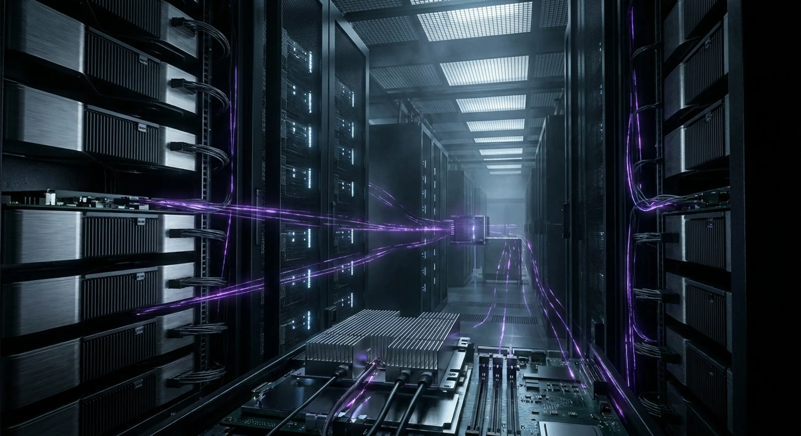 A data center with rows of server racks and glowing purple lines representing data flow.
