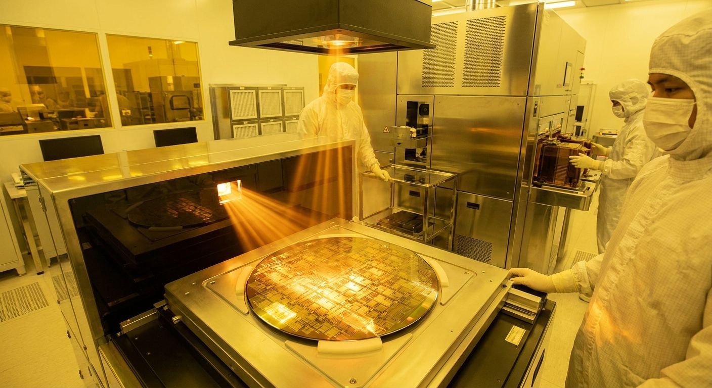 A silicon wafer being processed by technicians in a semiconductor cleanroom under amber light.