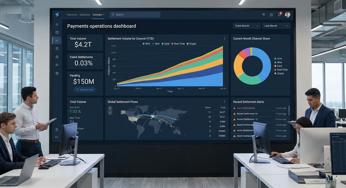 A large monitor displays a "Payments operations dashboard" with financial data and charts, in an office with professionals.