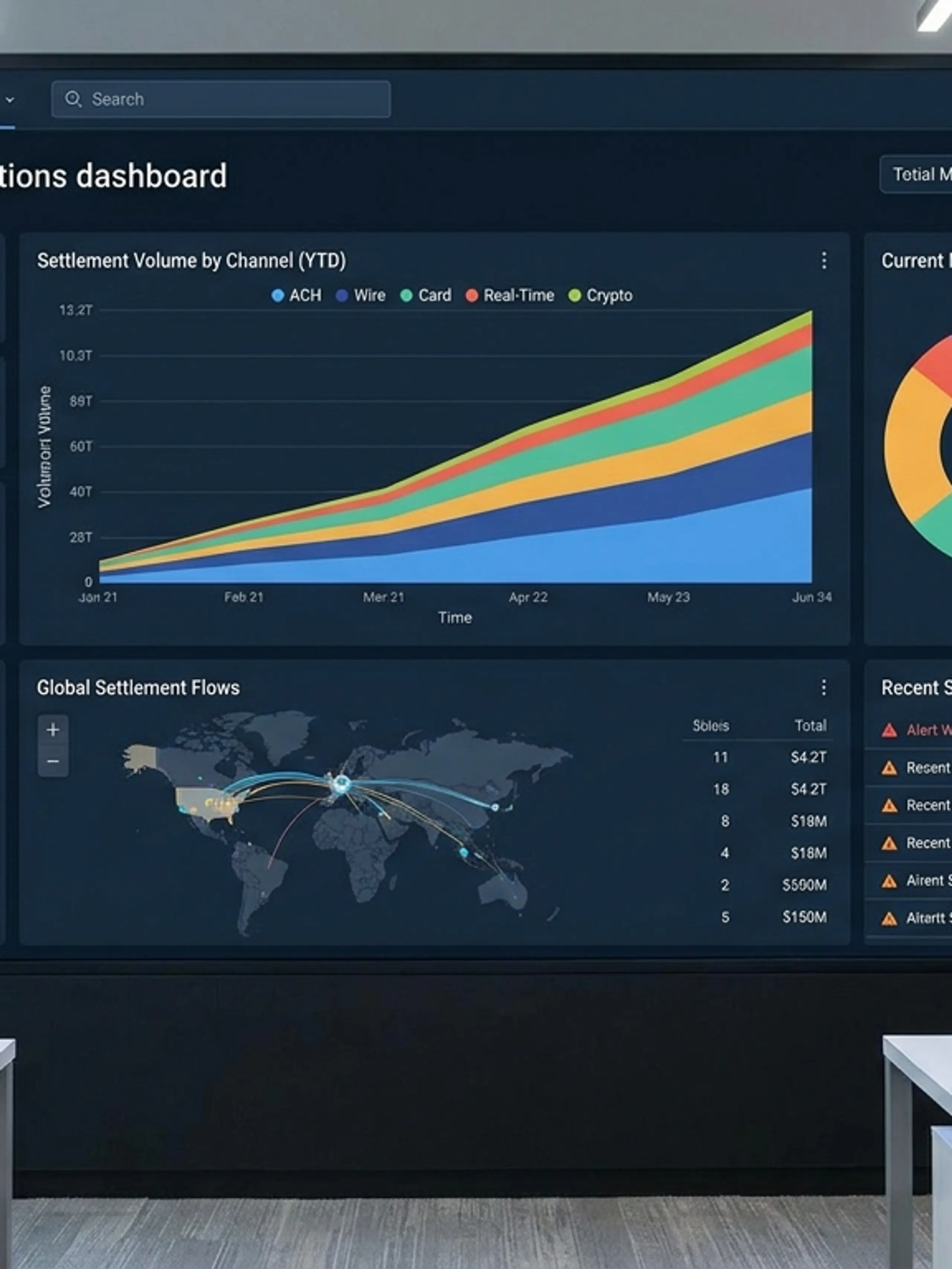 A large monitor displays a "Payments operations dashboard" with financial data and charts, in an office with professionals.