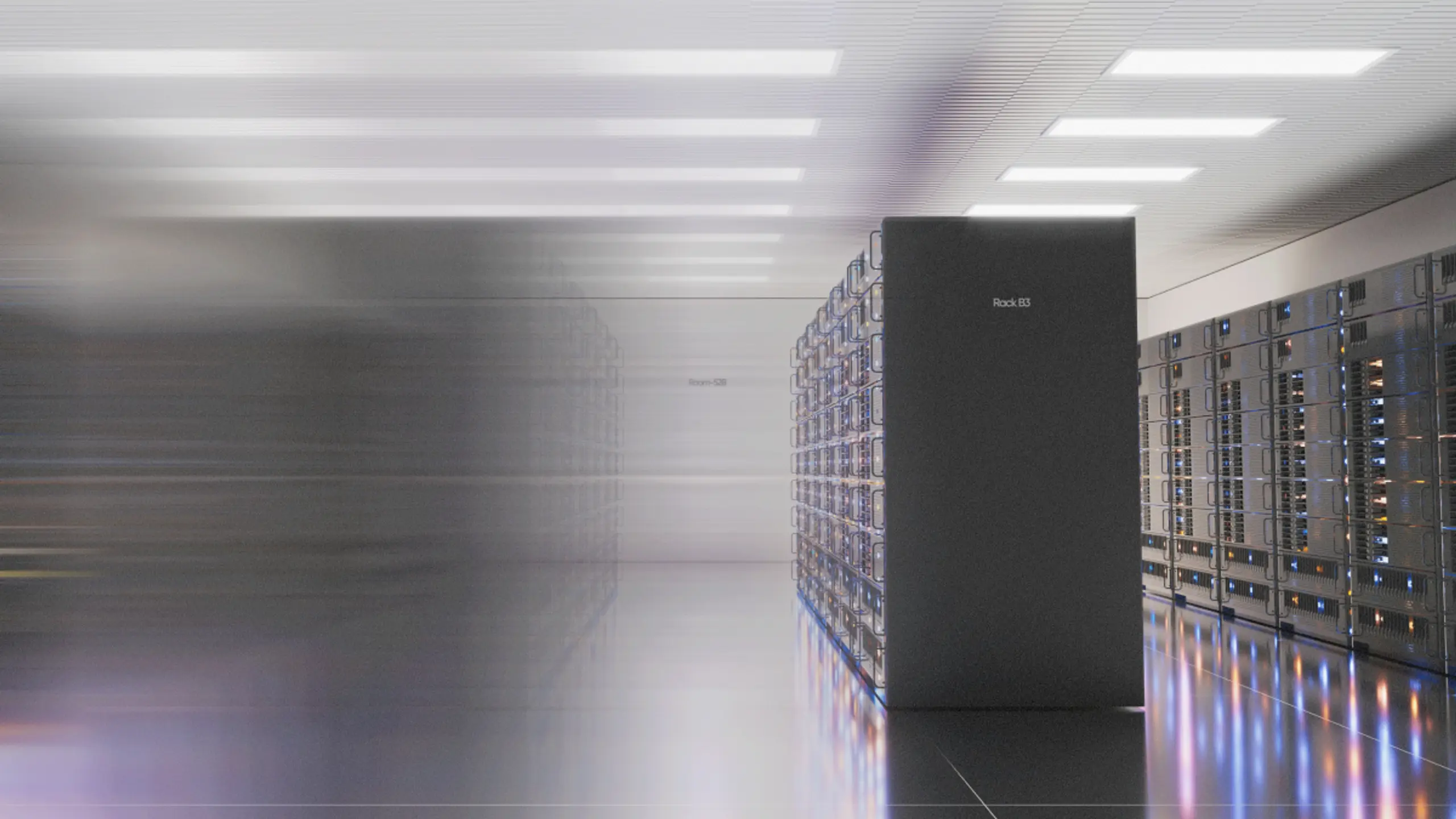 Purple-lit data center aisle with server racks and speed lines on the left.