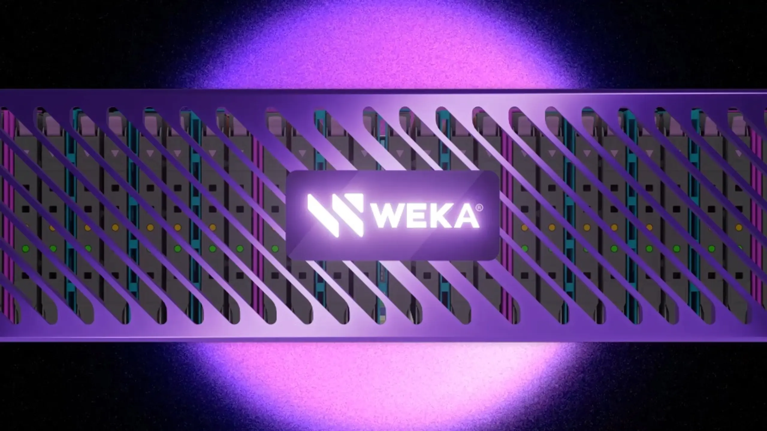 A purple server rack with a glowing WEKA logo and vented front.