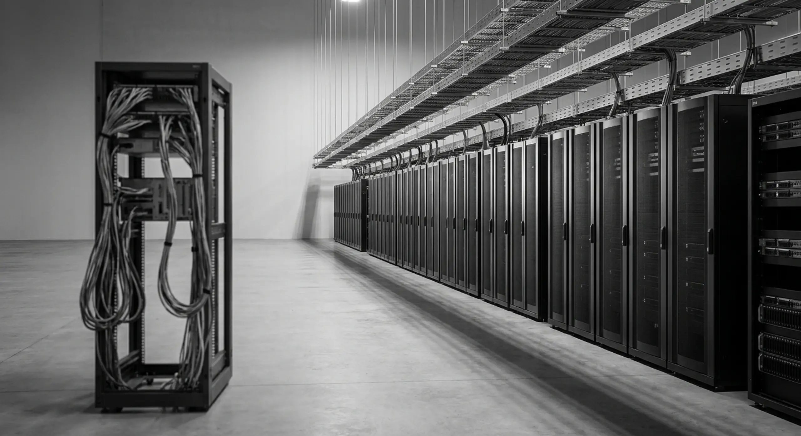 Monochrome image of a server rack with dangling cables in the foreground of a data center, with a long aisle of server cabinets extending into the background.