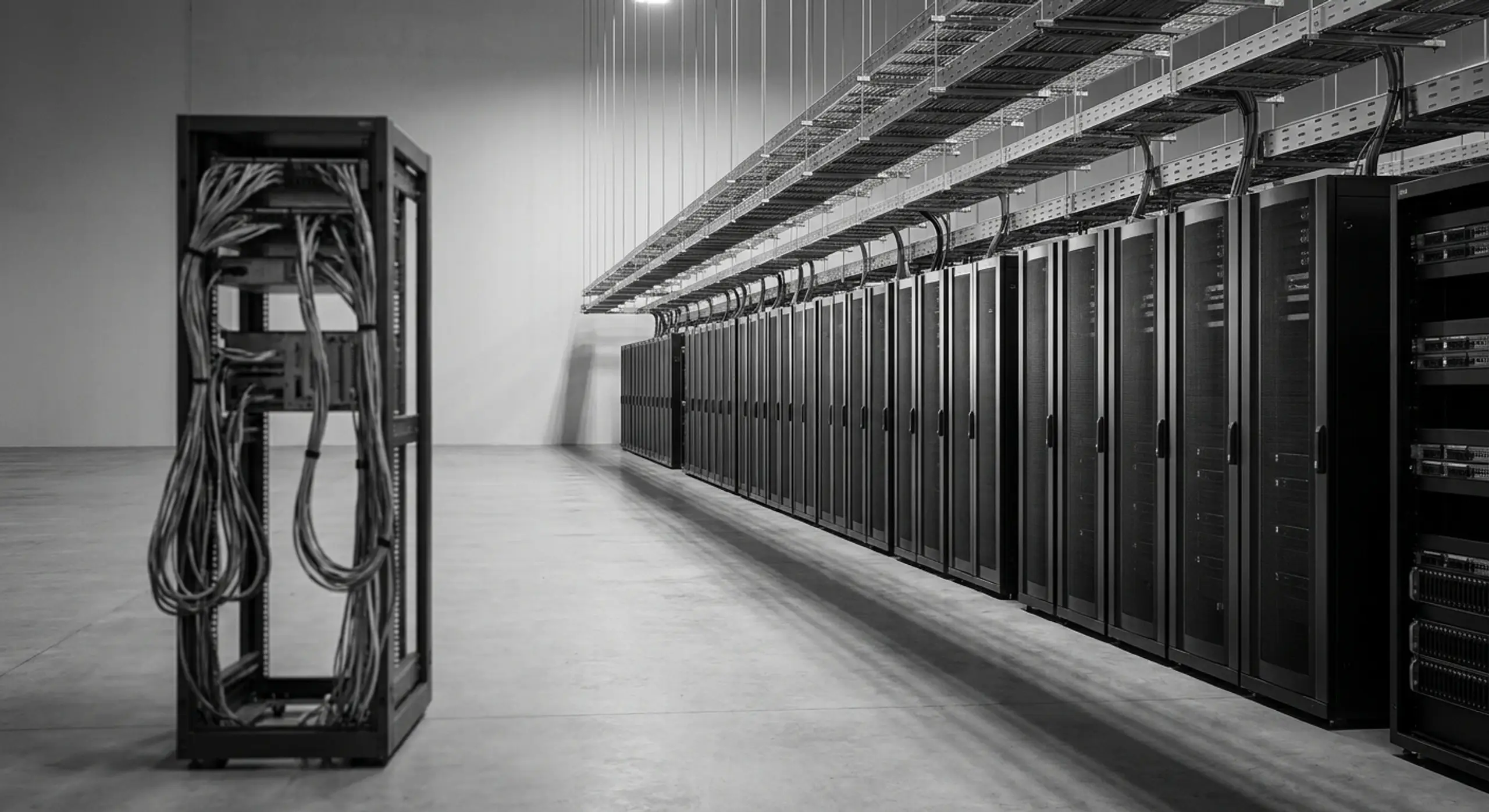 Monochrome image of a server rack with dangling cables in the foreground of a data center, with a long aisle of server cabinets extending into the background.