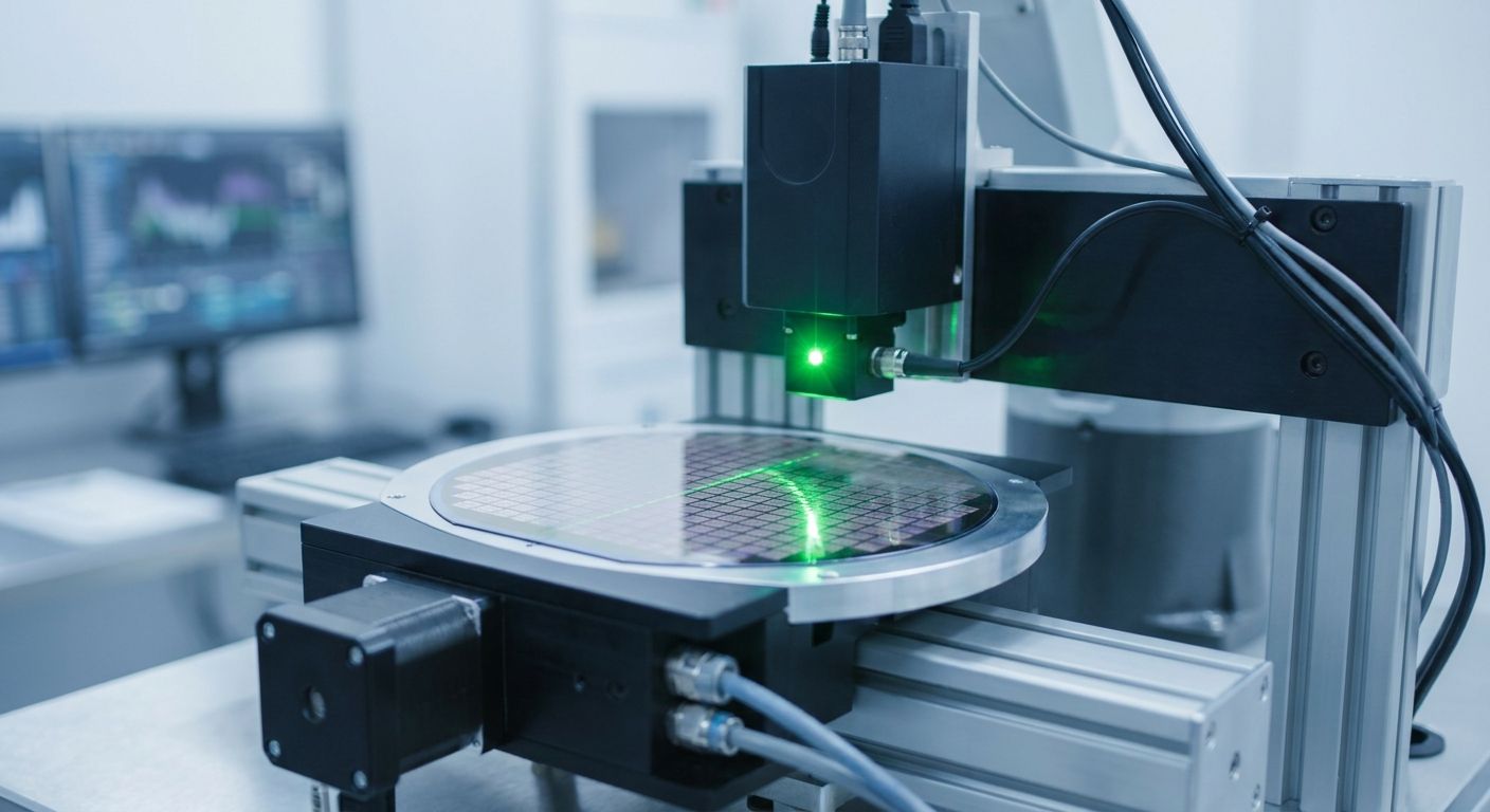 A semiconductor wafer being scanned by a green laser on a testing machine.