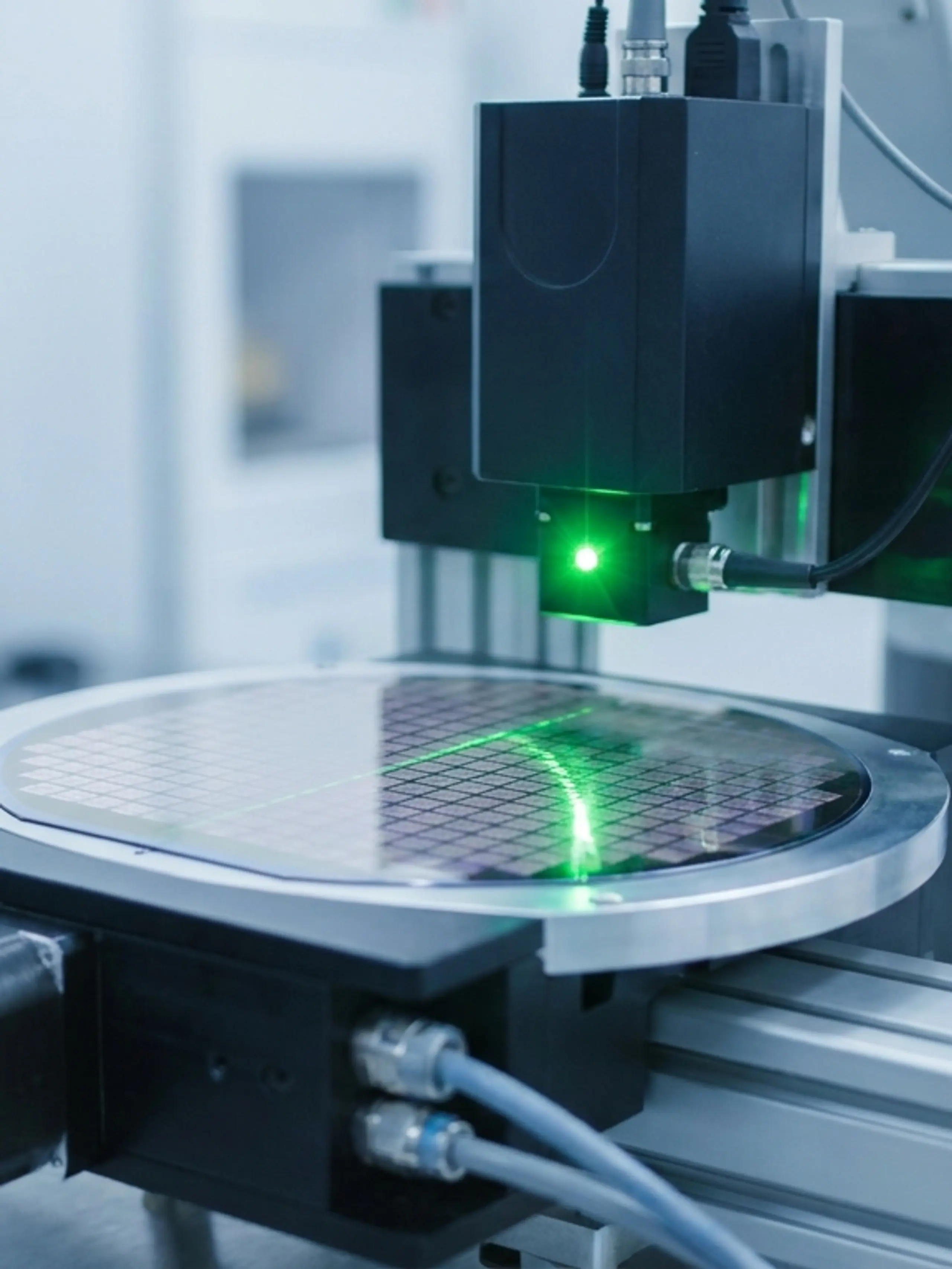 A semiconductor wafer being scanned by a green laser on a testing machine.