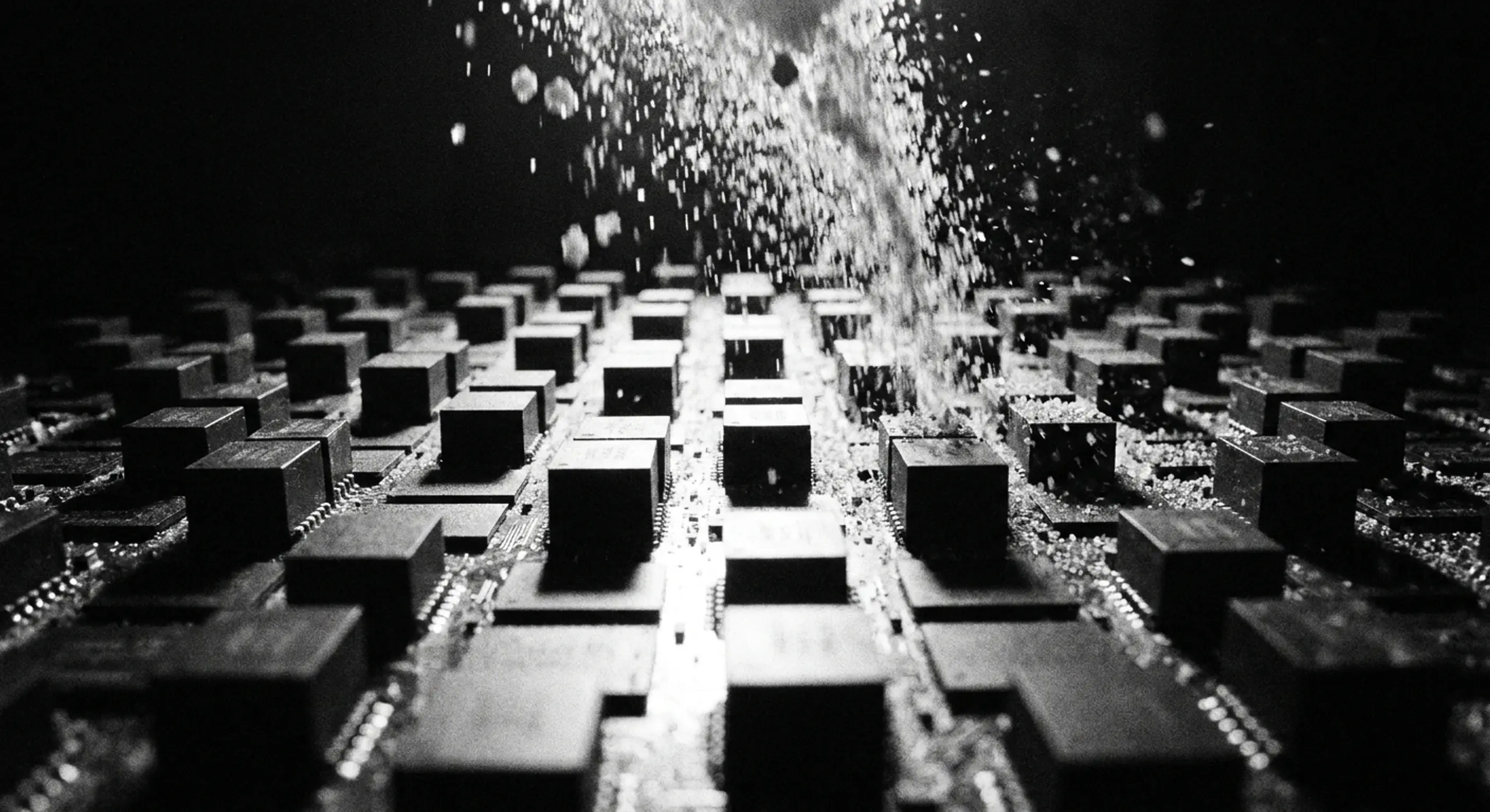 Monochrome close-up of fine particles showering over an array of electronic chips.