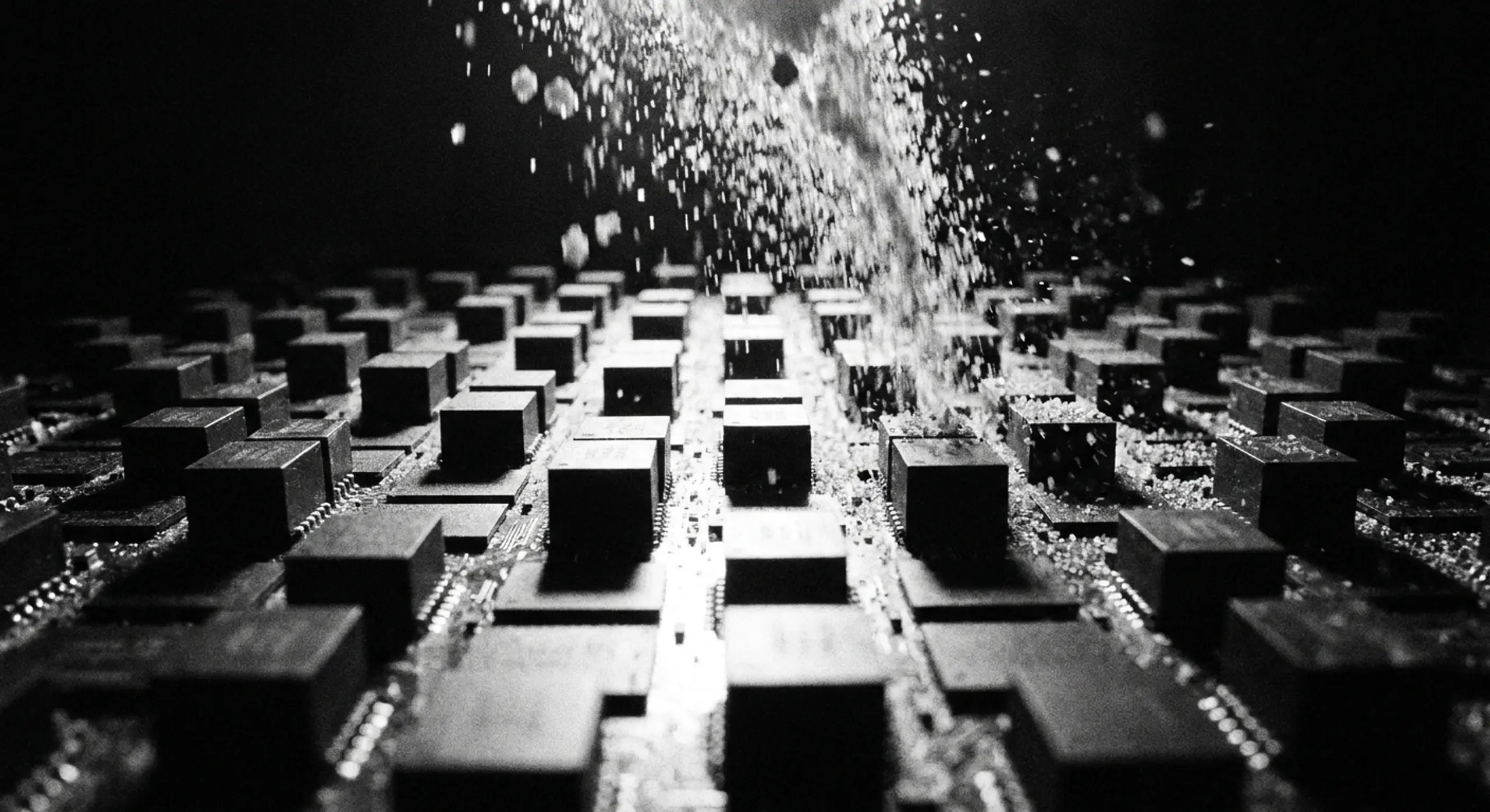 Monochrome close-up of fine particles showering over an array of electronic chips.