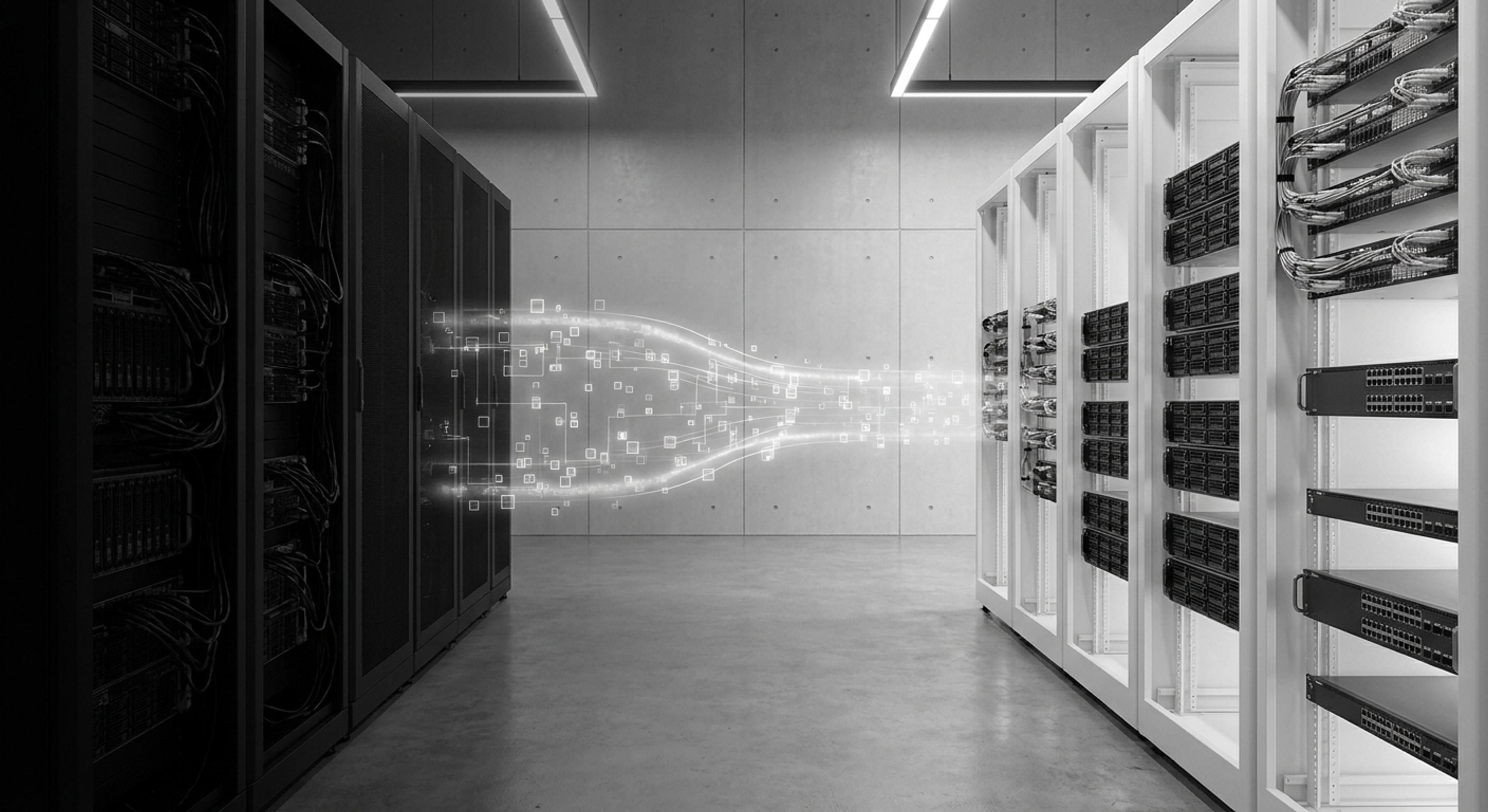 Data flowing between dark and light server racks in a data center.