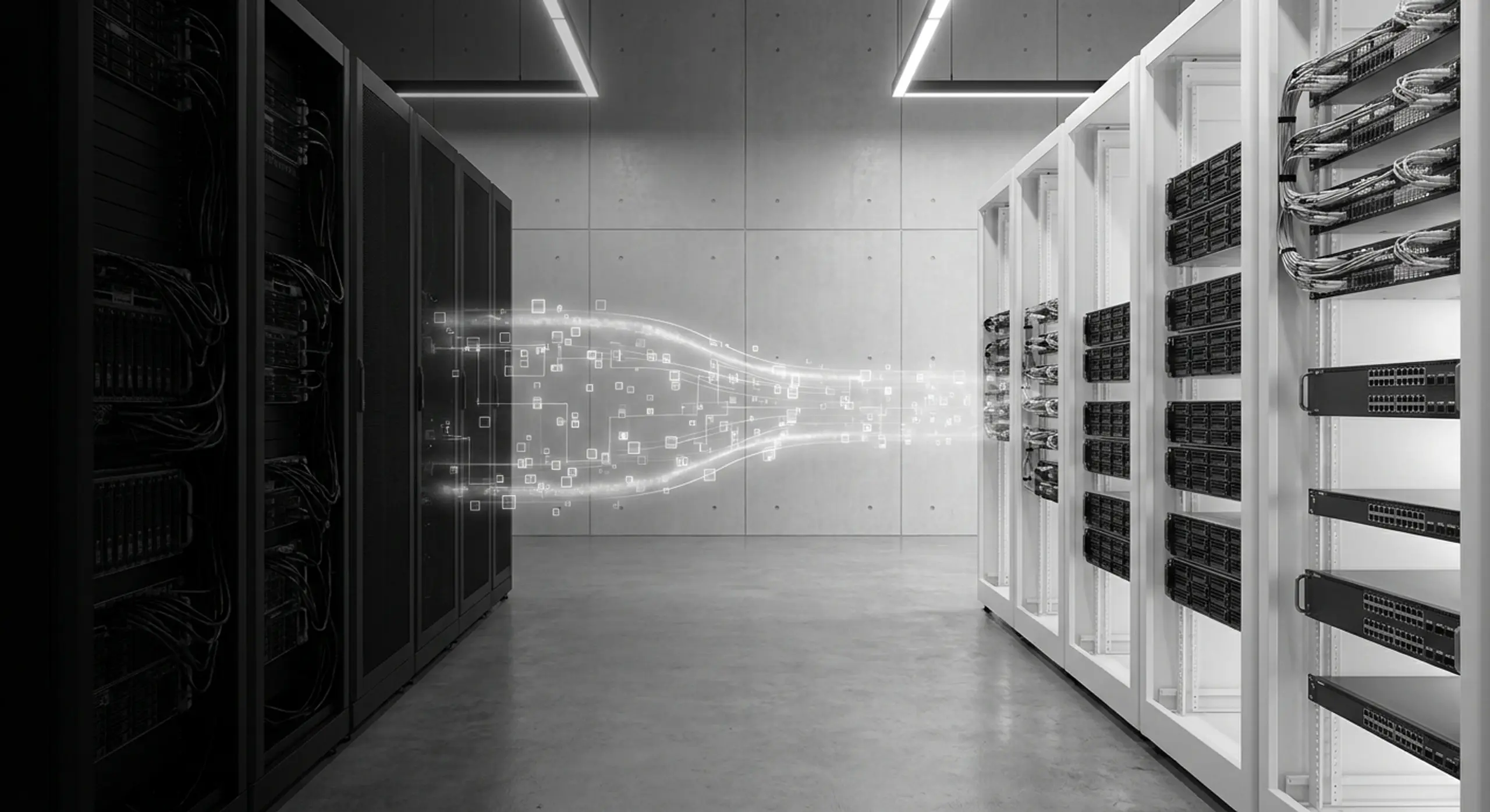 Data flowing between dark and light server racks in a data center.