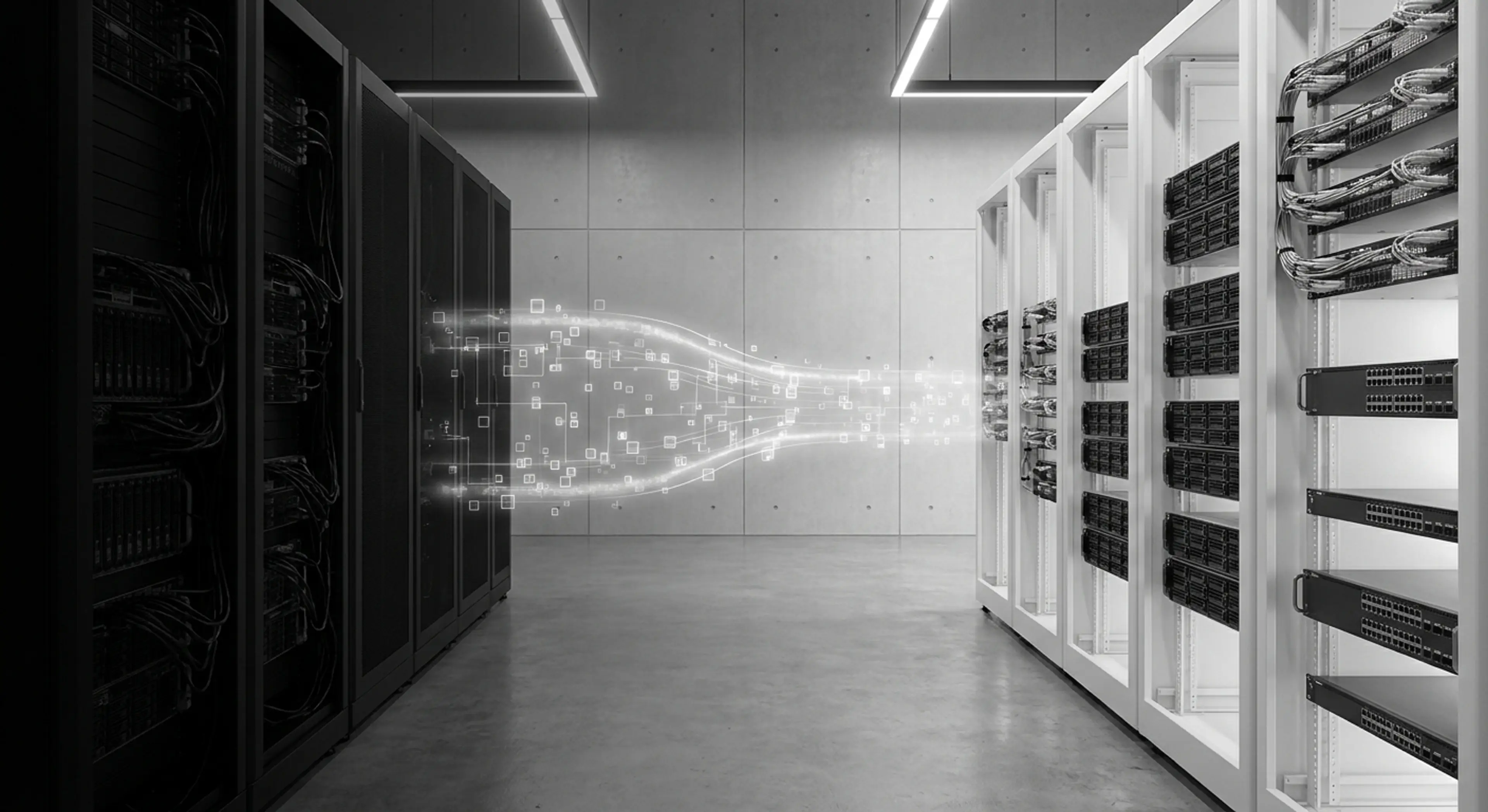 Data flowing between dark and light server racks in a data center.