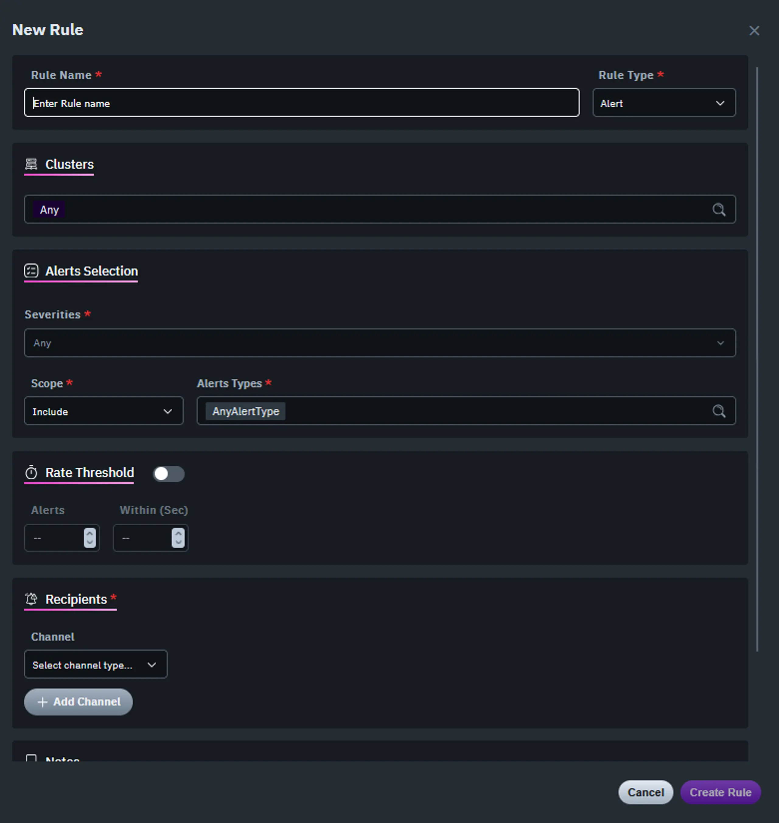 Screenshot of the WEKA Observe alert configuration screen showing threshold controls at the cluster and node level, sensitivity tuning options, and notification routing settings with integrations for Slack, PagerDuty, and email.