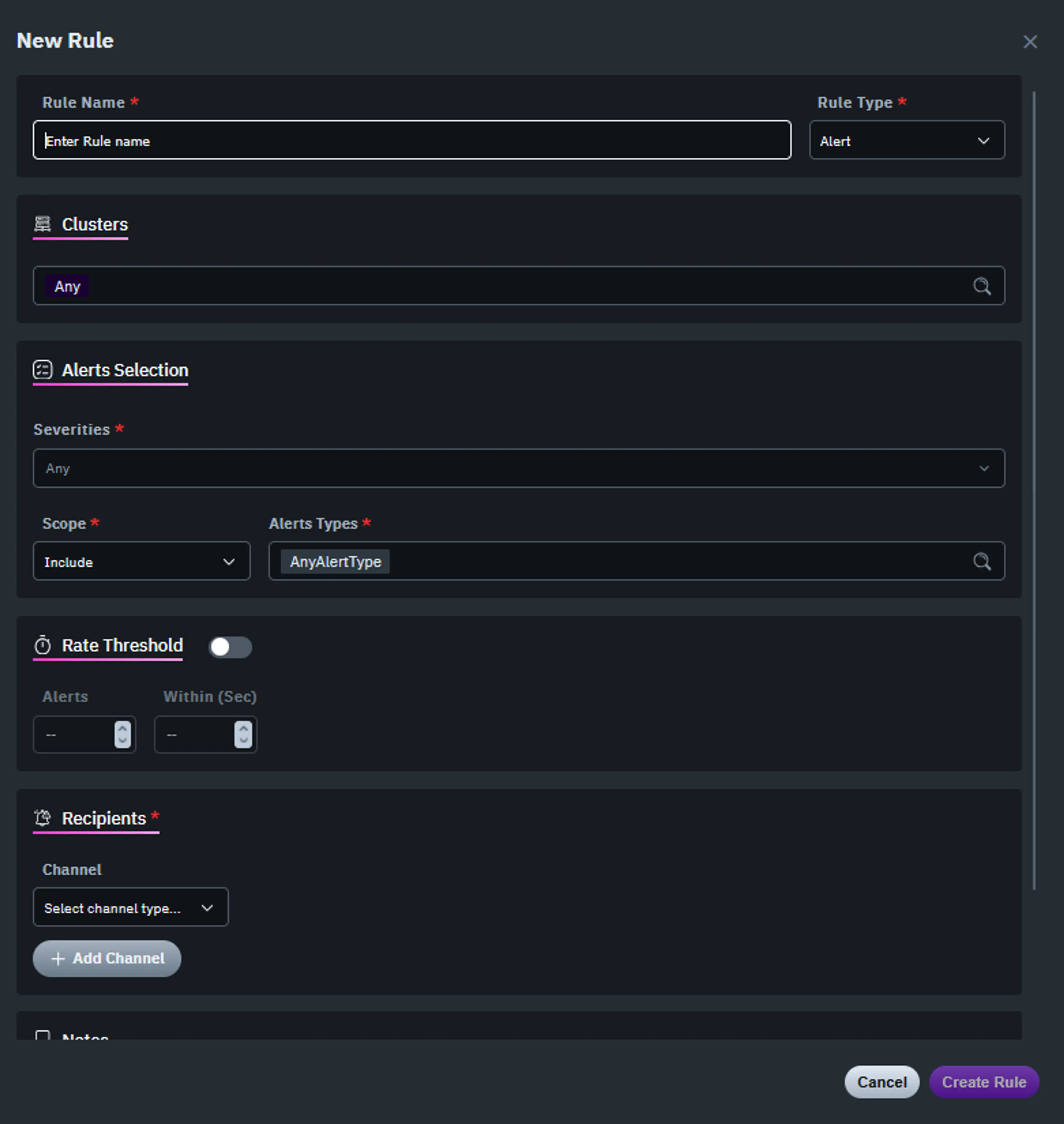 Screenshot of the WEKA Observe alert configuration screen showing threshold controls at the cluster and node level, sensitivity tuning options, and notification routing settings with integrations for Slack, PagerDuty, and email.
