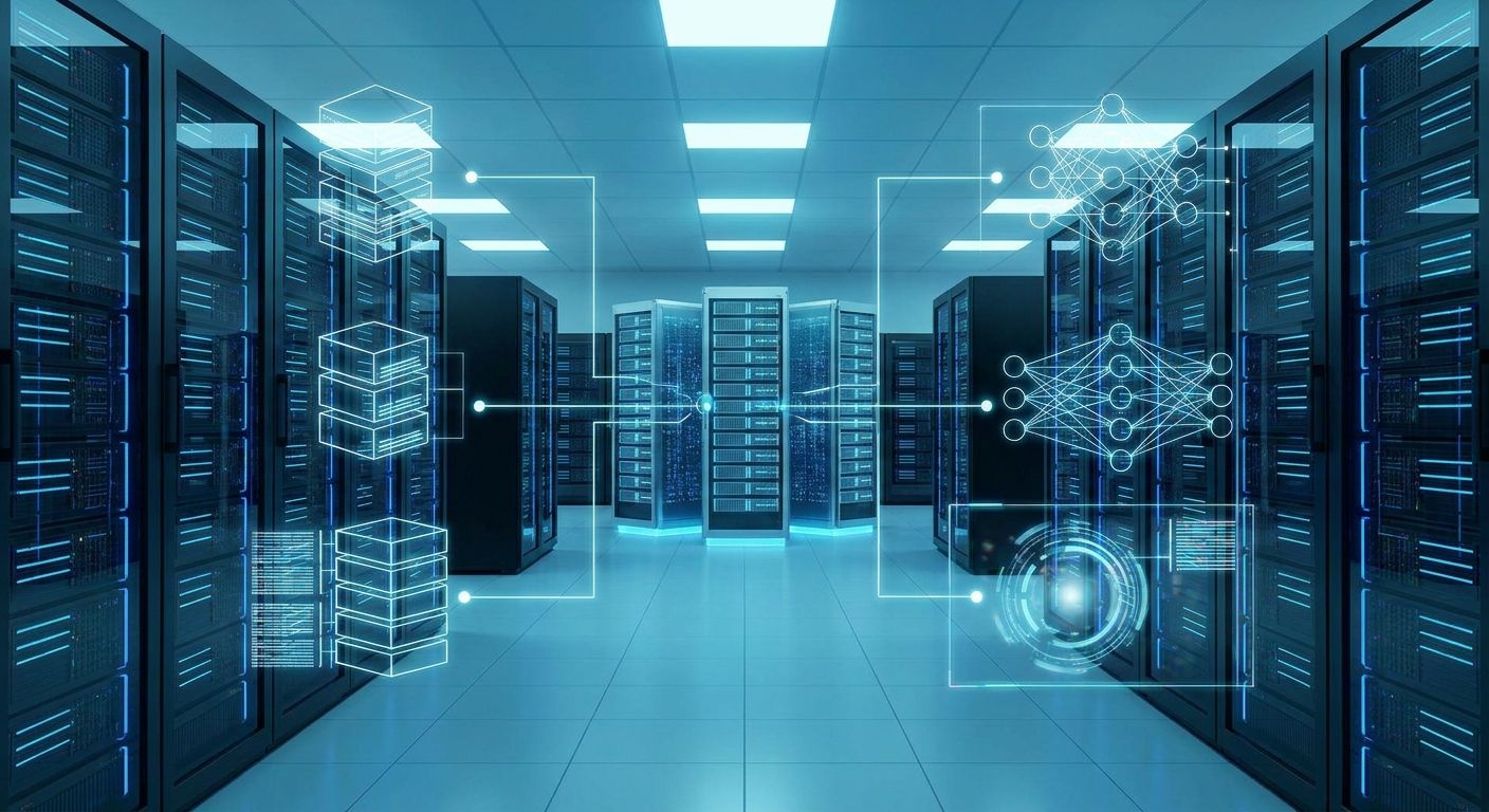 A diagram outlining a data platform architecture for large-scale model training, displayed on a screen in a data center.