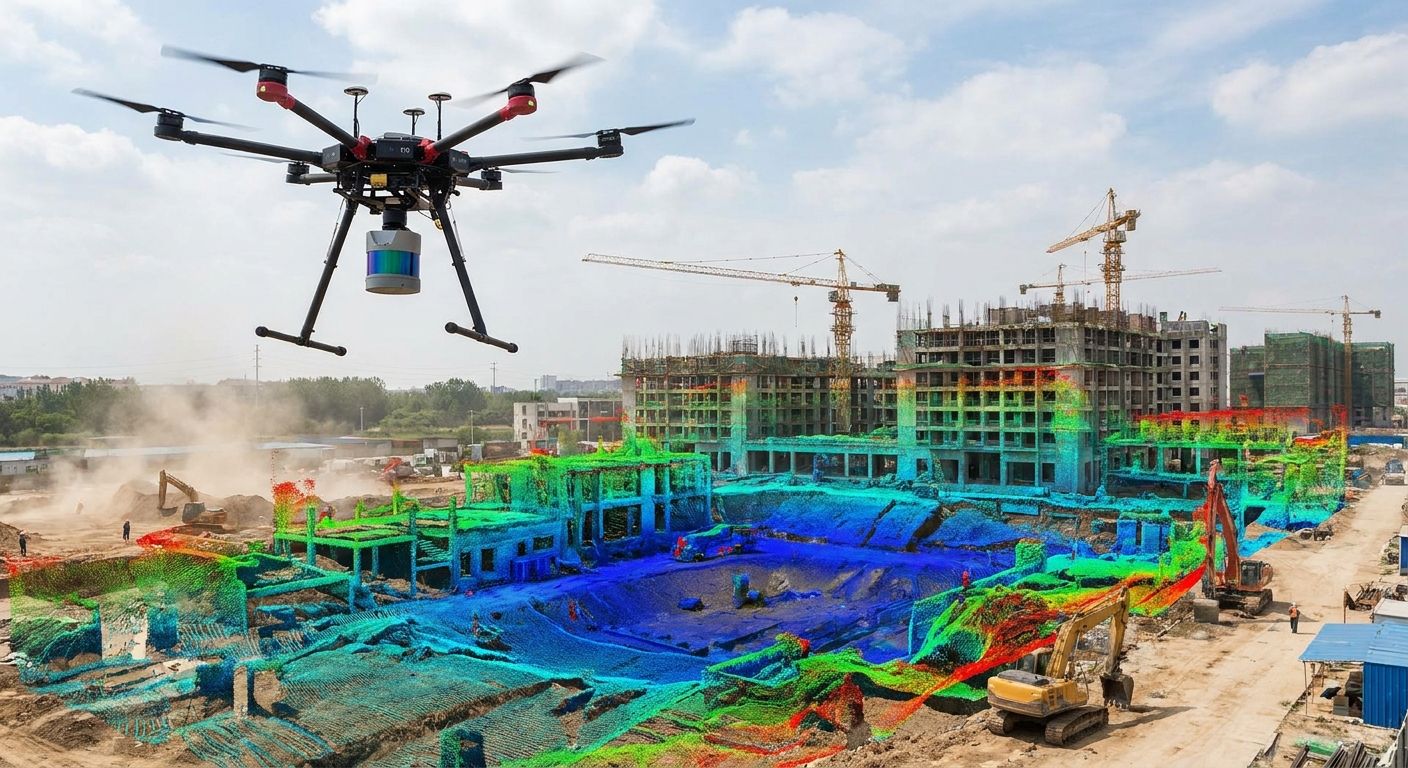 A drone surveys a construction site, displaying a colorful 3D topographical data overlay of the terrain and structures.