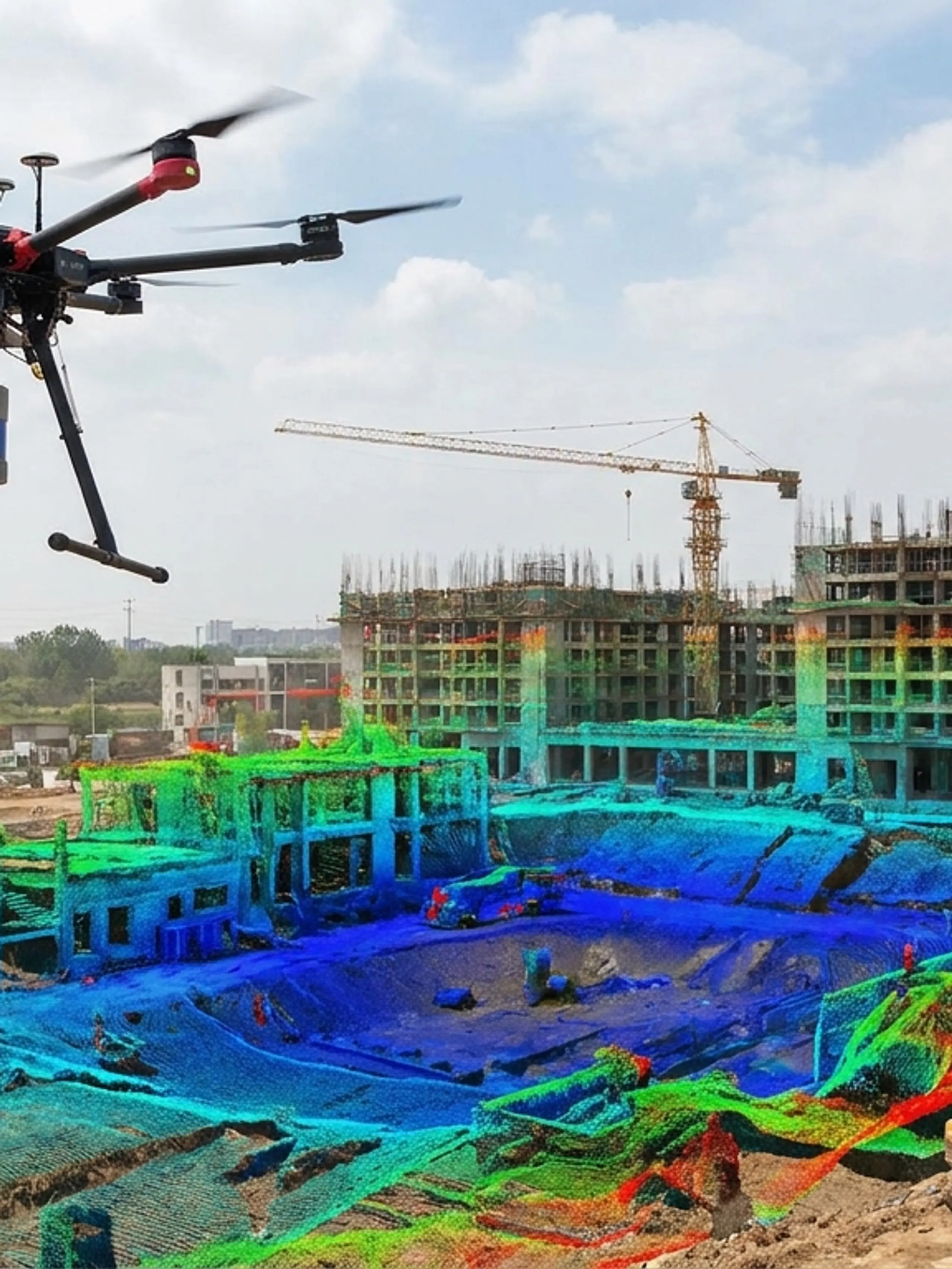 A drone surveys a construction site, displaying a colorful 3D topographical data overlay of the terrain and structures.