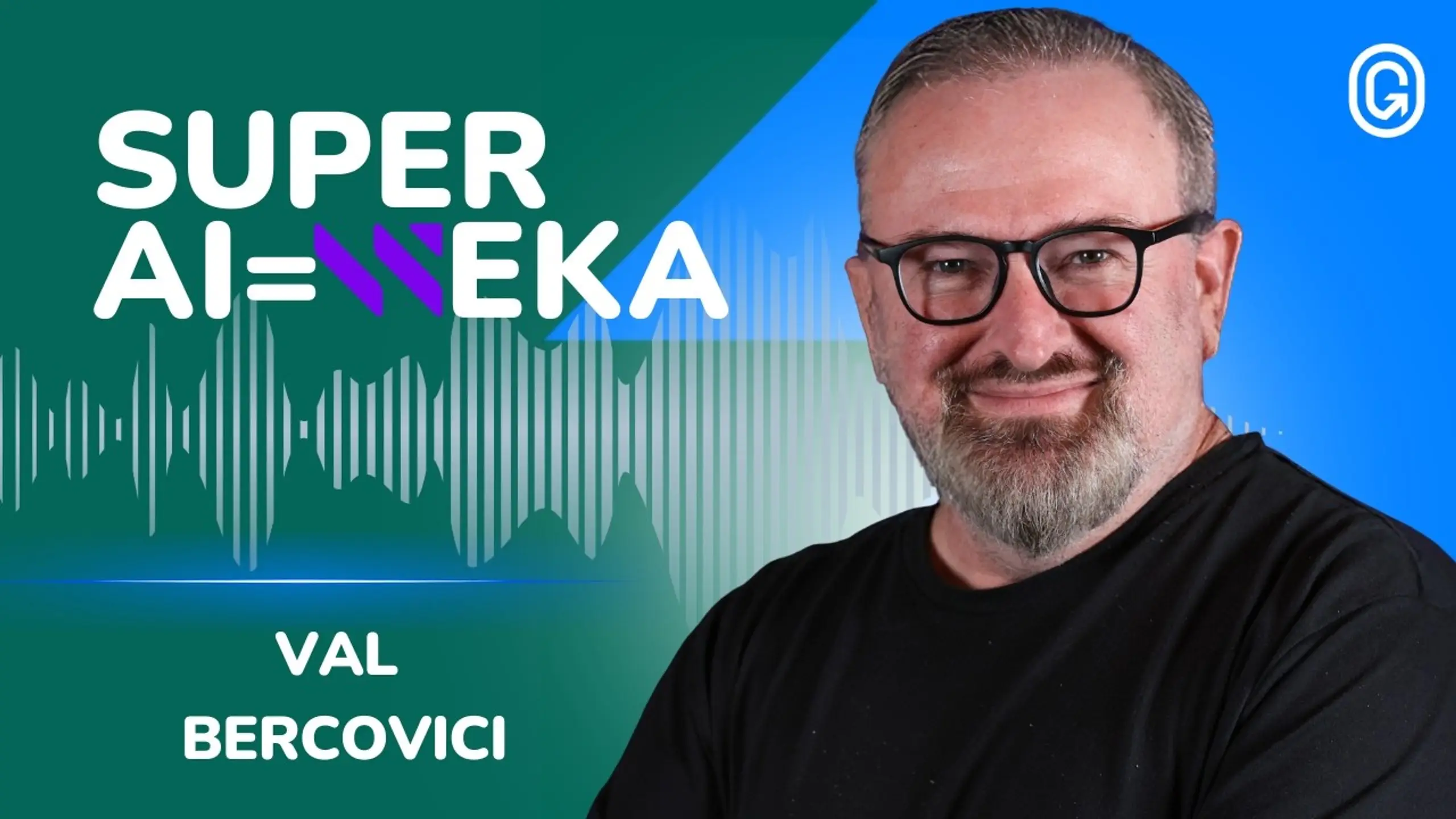 Val Bercovici with glasses and beard smiling on a graphic background featuring "SUPER AI=WEKA" and a waveform.