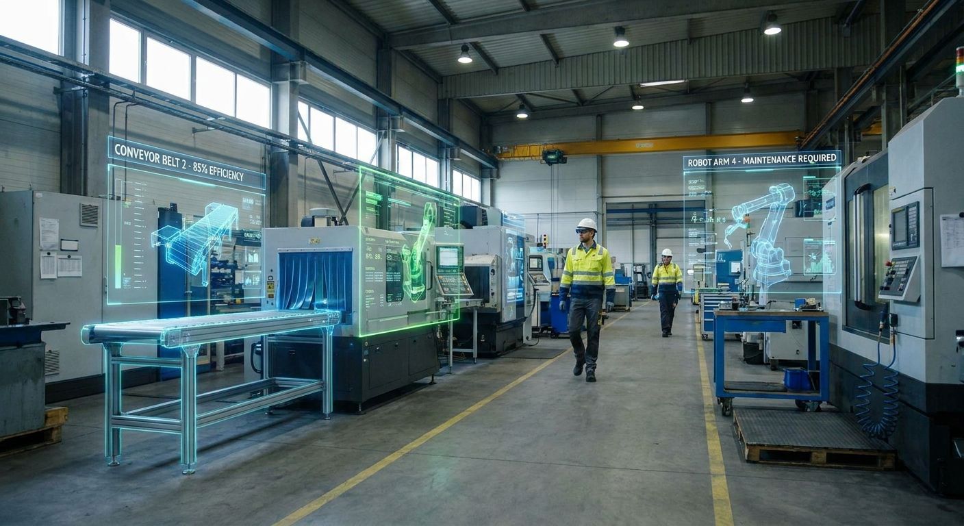 Augmented reality overlays in a modern factory showing holographic machinery, data, and maintenance alerts to workers.