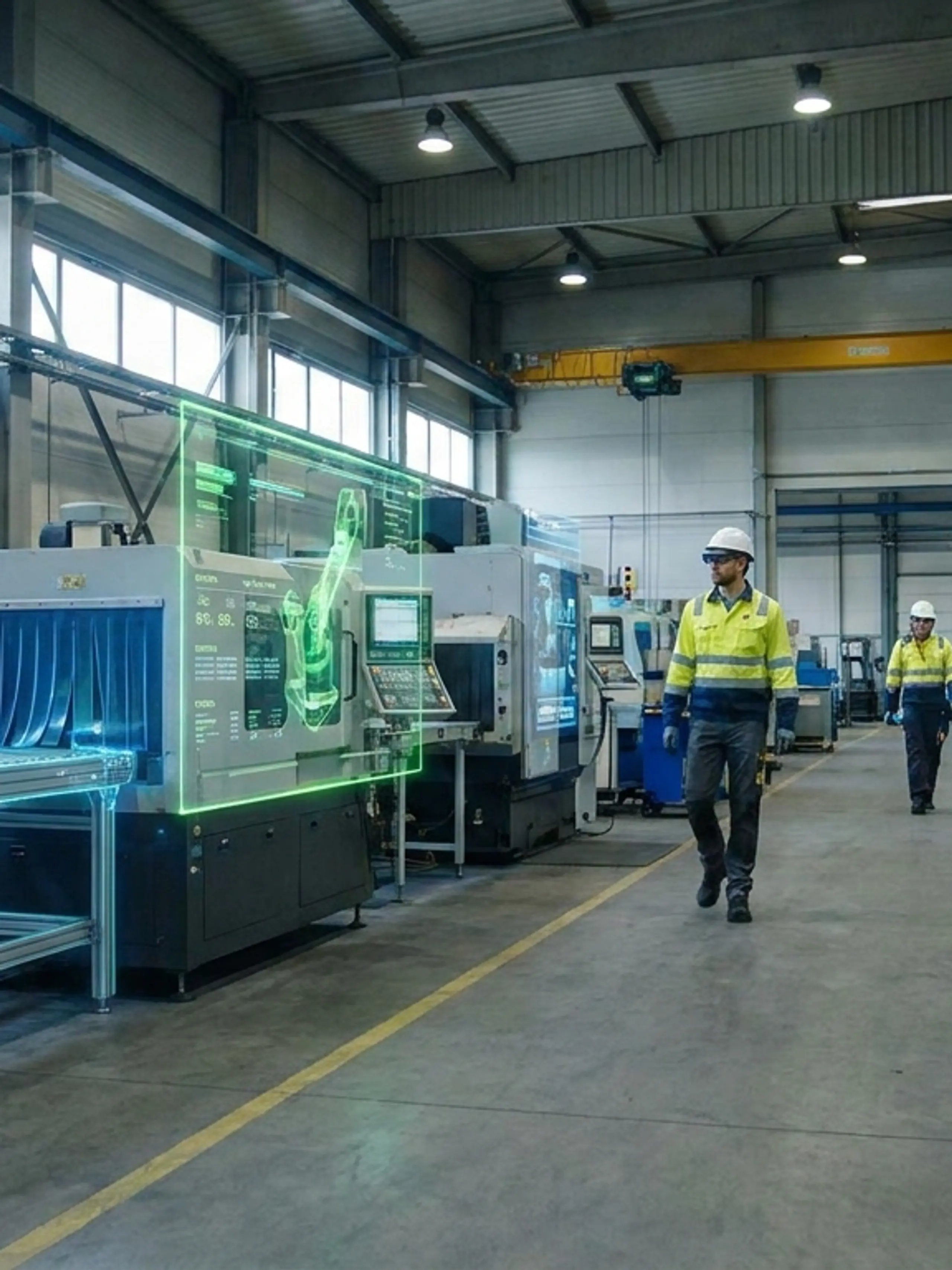 Augmented reality overlays in a modern factory showing holographic machinery, data, and maintenance alerts to workers.