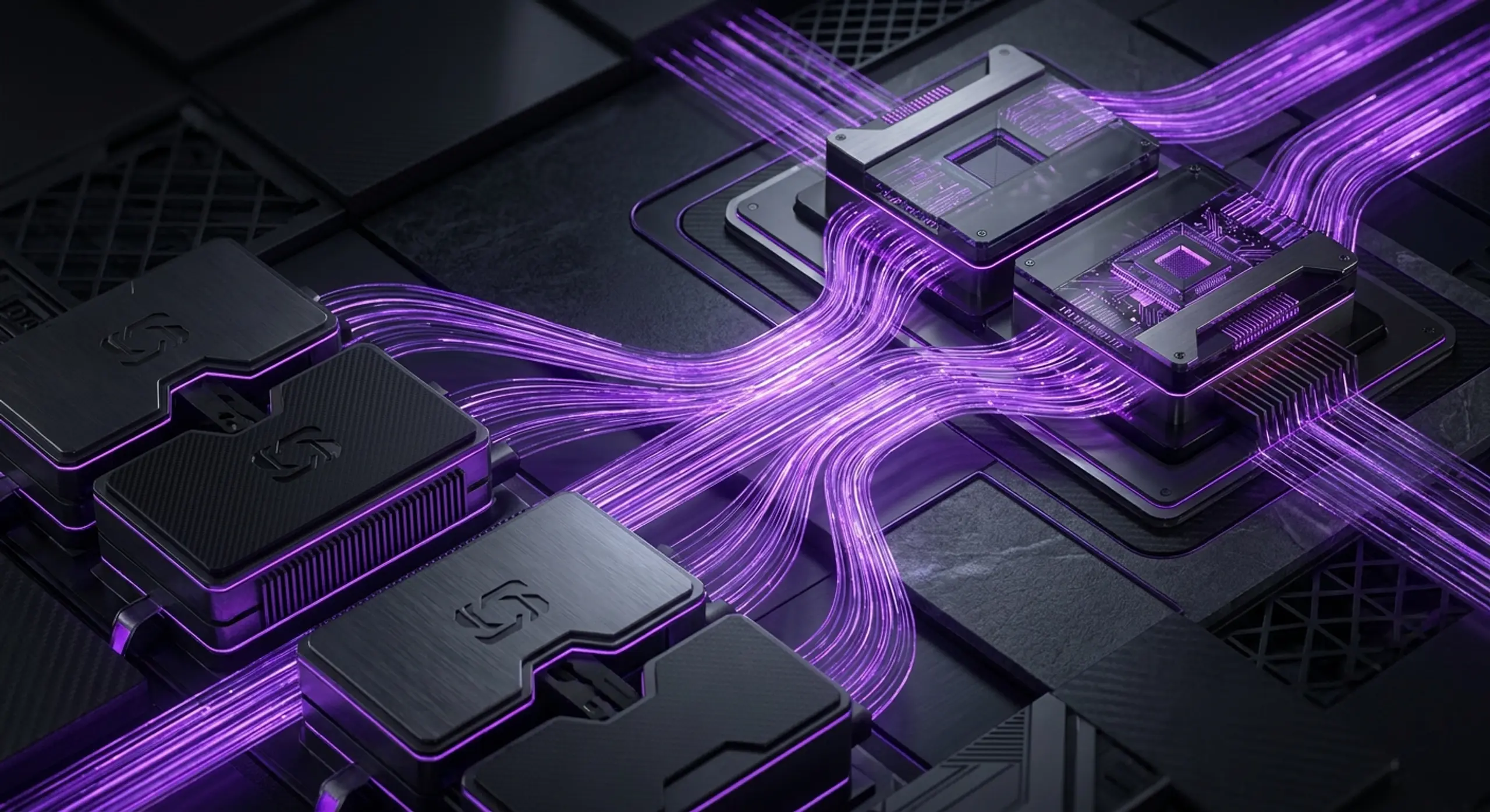 Dark, futuristic circuit board with modules connected by luminous purple data streams.