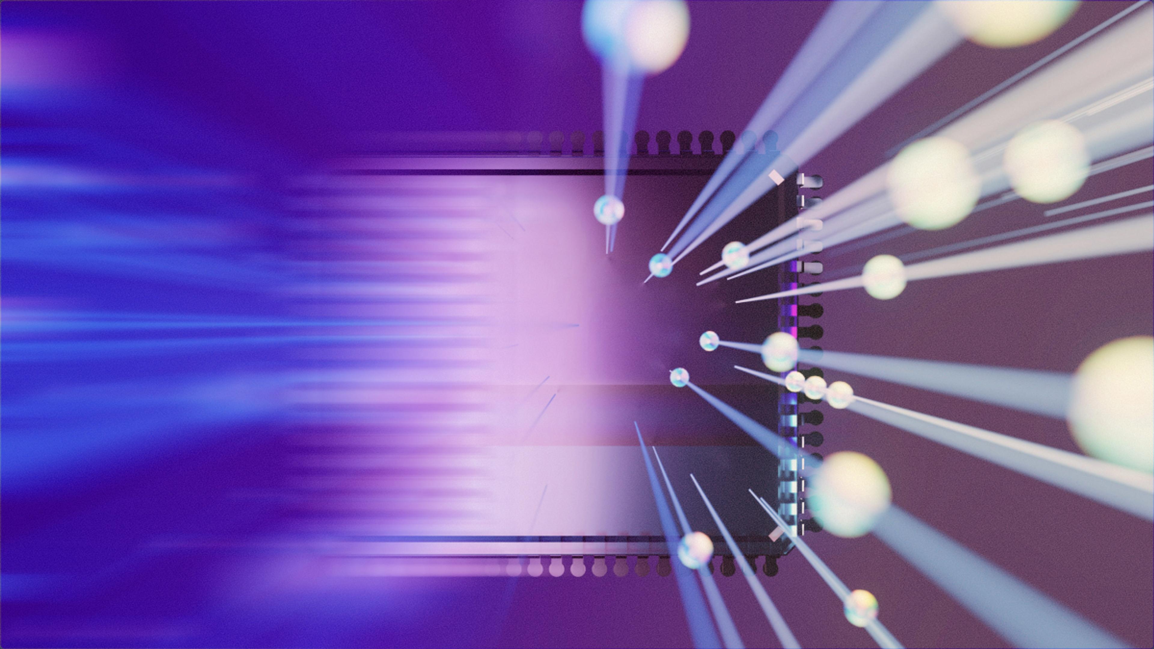 Abstract purple image of data flowing into a microchip with light orbs and streaks.