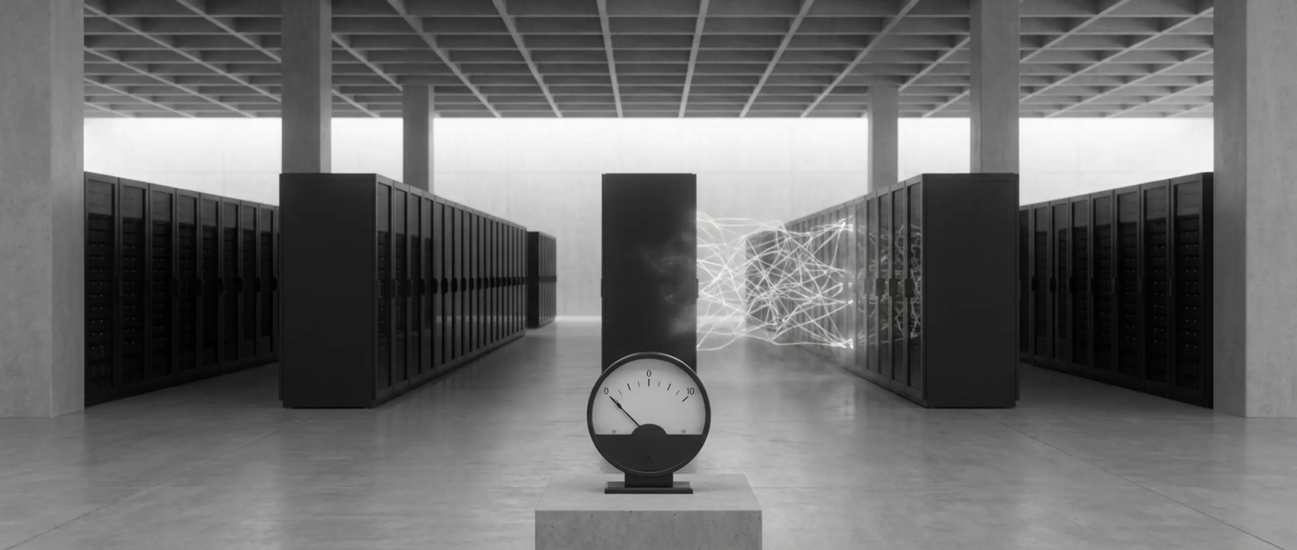 Monochrome data center with server racks, glowing data links to a central tower, and a large foreground gauge.