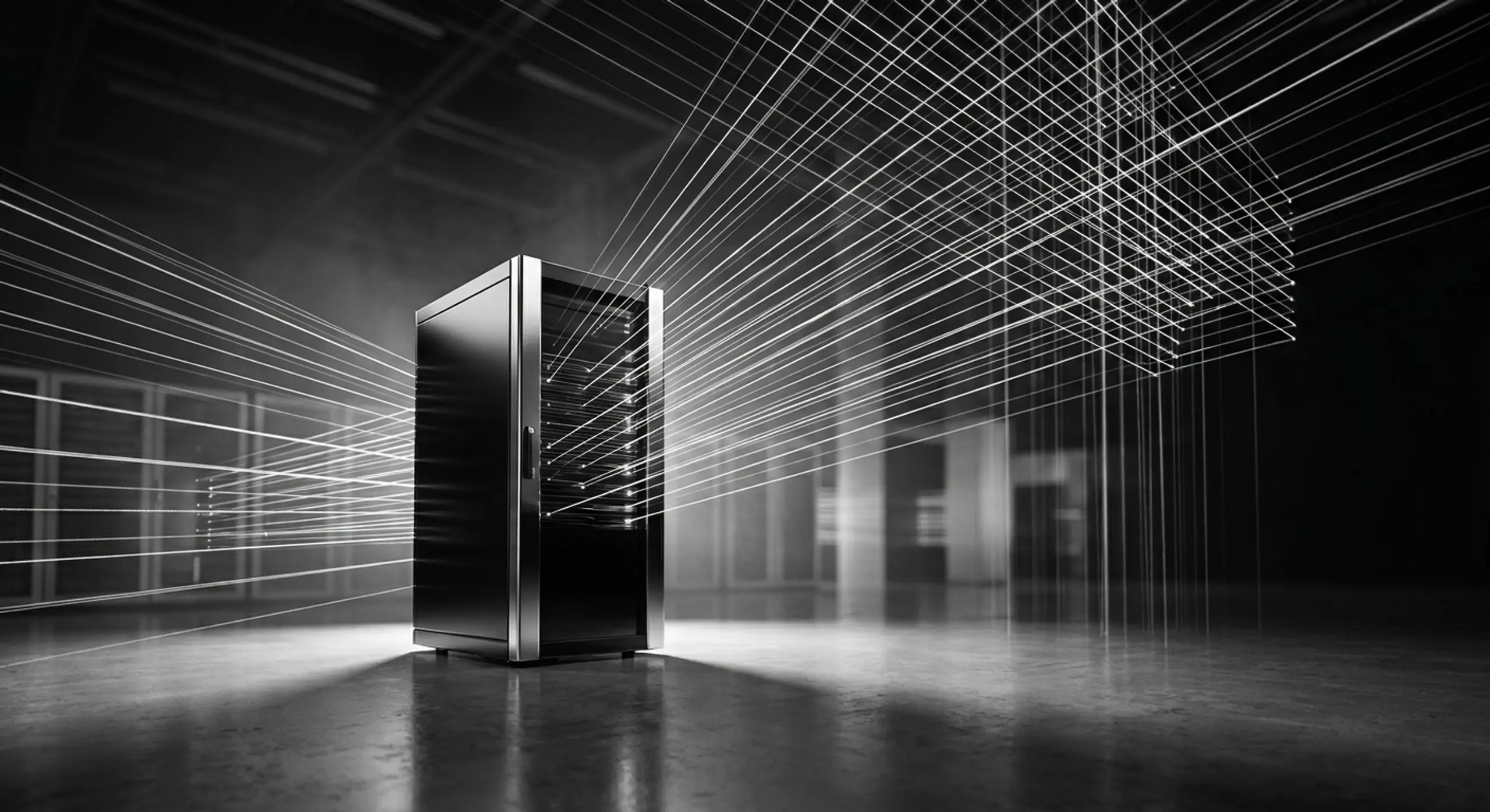 A server rack with light lines in a dark data center.